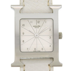 Hermès H Watch Double Tour HH1.210, stainless steel and smooth leather, made in France, 2012, silver P quartz movement, analog display, white dial, Heure watch for women — Good