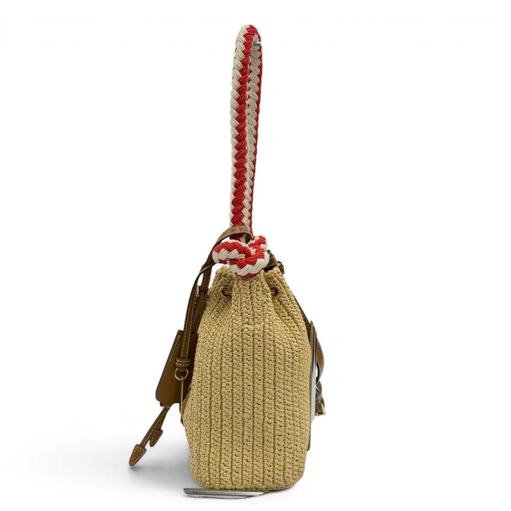 PRADA 1BE068 Crochet Mini Bucket Bag with Triangle Logo, Leather Accents, Raffia, 2-Way Shoulder Bag/Handbag, Natural Finish, Made in Italy, Women's, Dust Bag — Like New