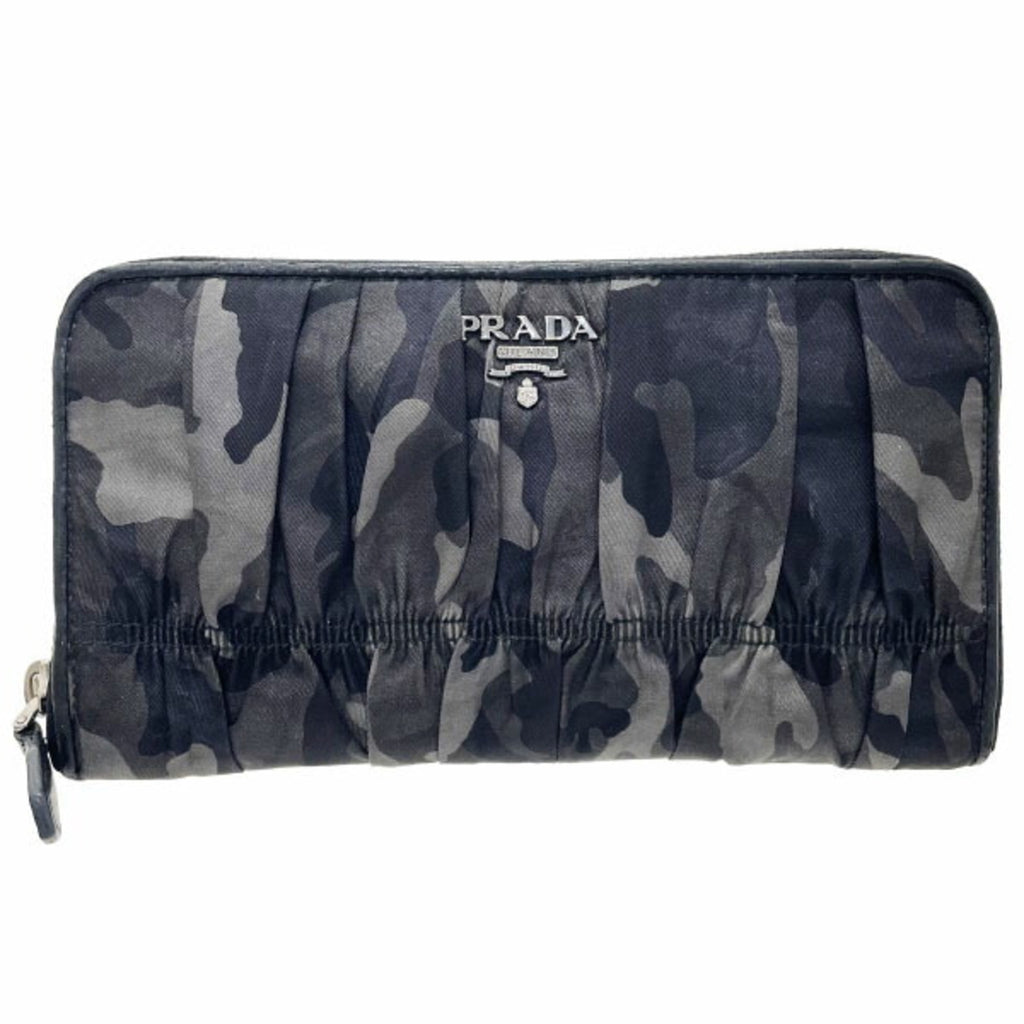 Prada Camouflage Round Long Wallet, Nylon and Leather, Gray Black, 1M0506, PRADA Pattern, Shirring, Gathered Pleats, YY-15718