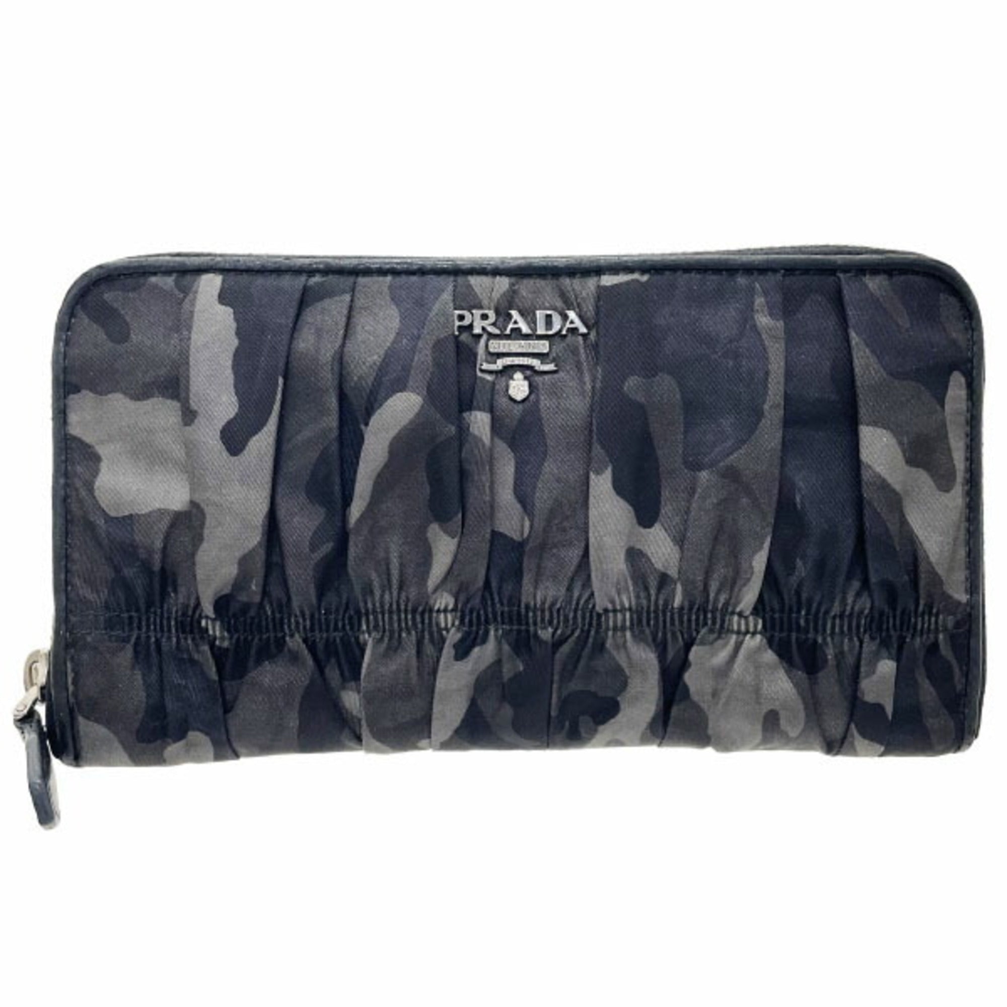 Prada Camouflage Round Long Wallet, Nylon and Leather, Gray Black, 1M0506, PRADA Pattern, Shirring, Gathered Pleats, YY-15718