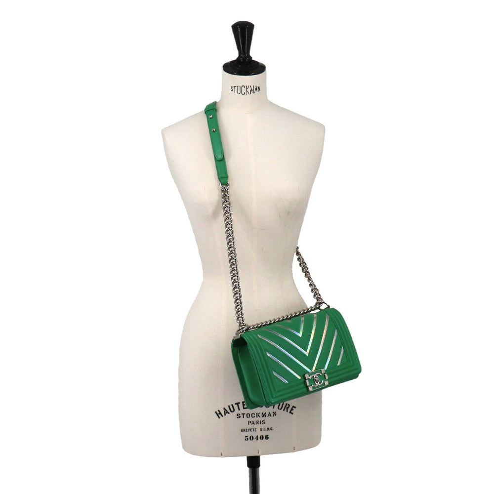 Chanel Boy Chain Shoulder Handbag, Lambskin, Green, A67086, Silver Hardware — Like New