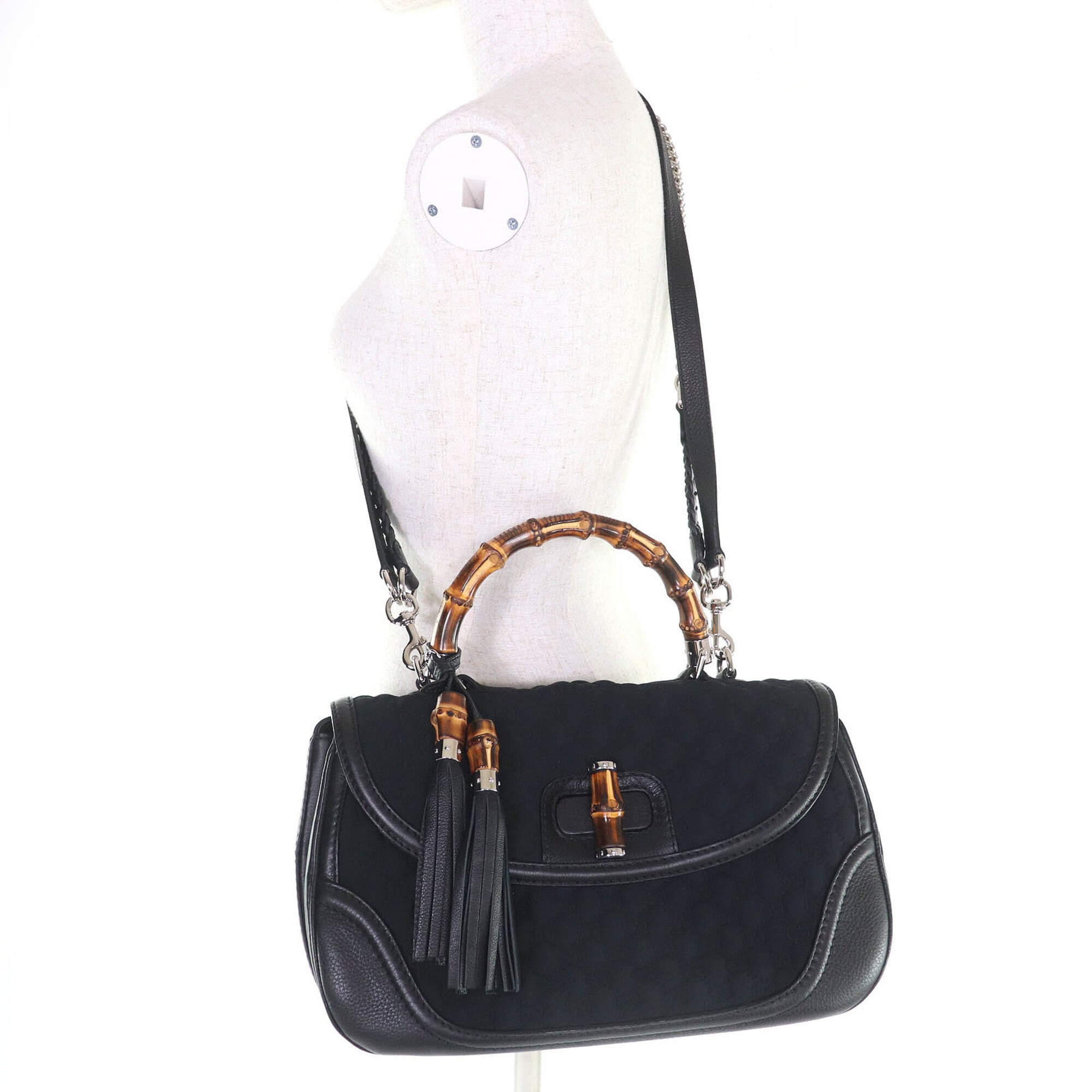 GUCCI 240241 Leather Microssima New Bamboo 2-Way Handbag Chain Shoulder Bag Black Silver Hardware with Dust Made in Italy Women's — Like New