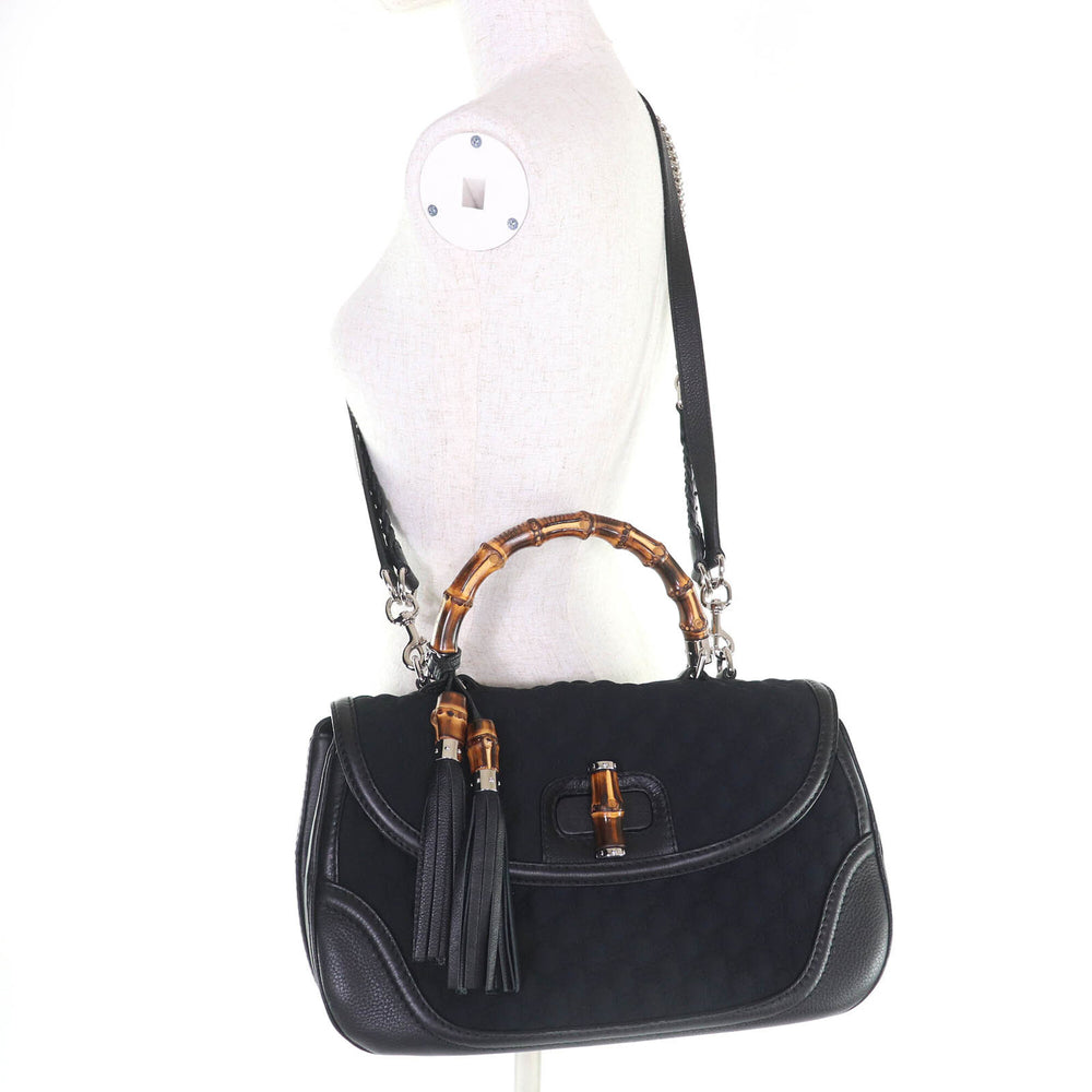 GUCCI 240241 Leather Microssima New Bamboo 2-Way Handbag Chain Shoulder Bag Black Silver Hardware with Dust Made in Italy Women's — Like New