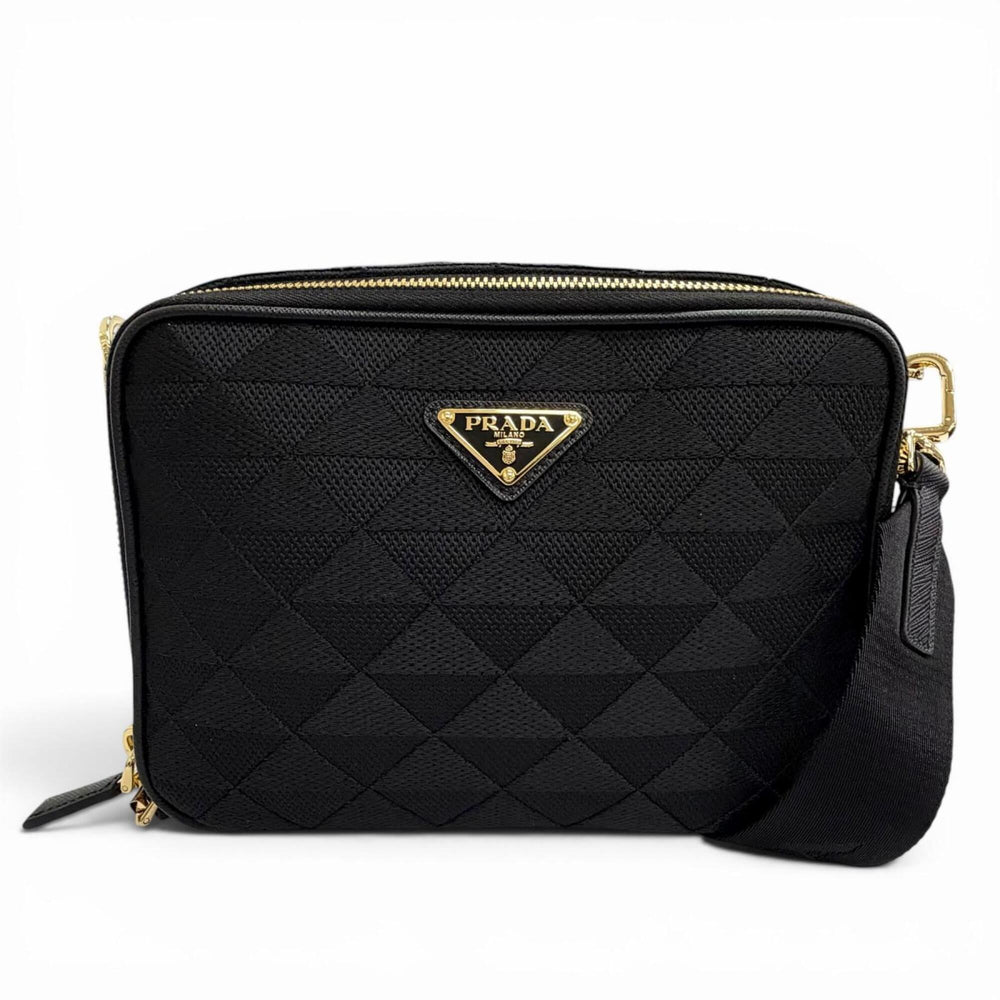 PRADA 2VH069 Brick Triangle Logo Jacquard Leather Shoulder Bag, Black with Gold Hardware, Made in Italy, Men's, Dust Bag — New - Store Return