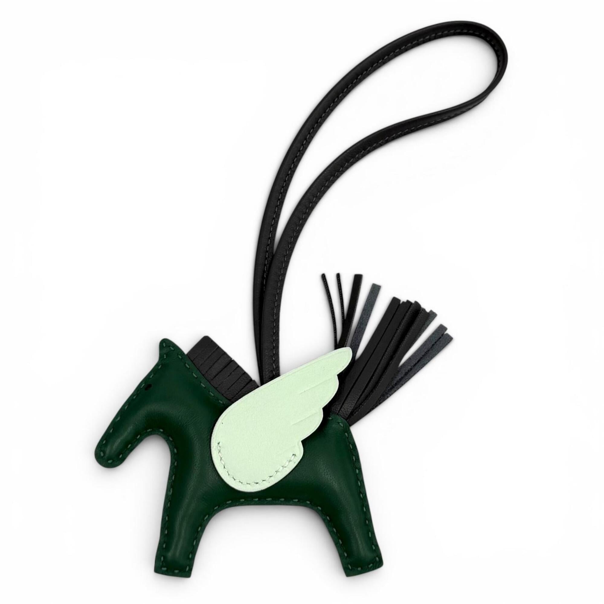 HERMES Rodeo Charm Pegasus PM Vert Moyent, Ardoise, Peppermint, Agneau Milo, Veau Swift Leather Bag Charm, W Stamp, Made in France, Women's, with Box — Like New