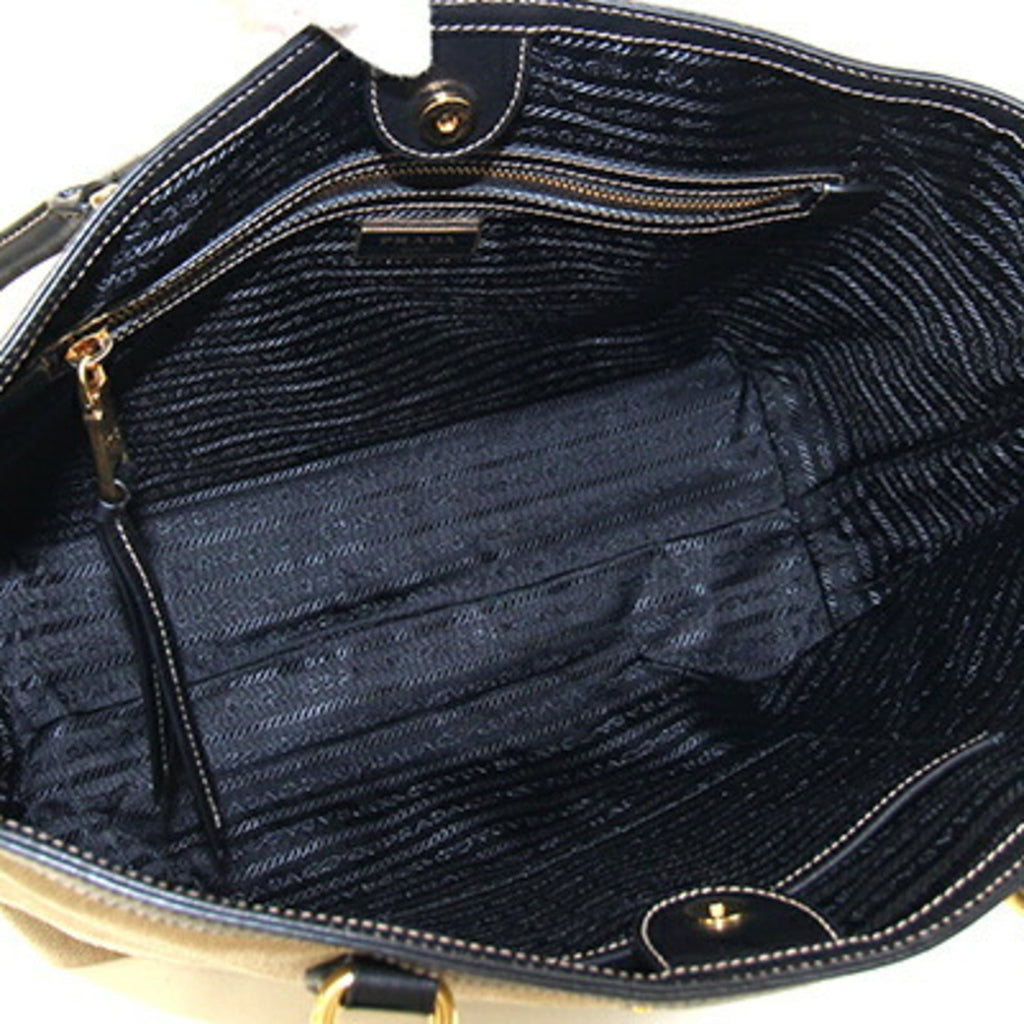 Prada Tote Bag 1BG158 Beige Brown Black Canvas Leather Shoulder Women's PRADA