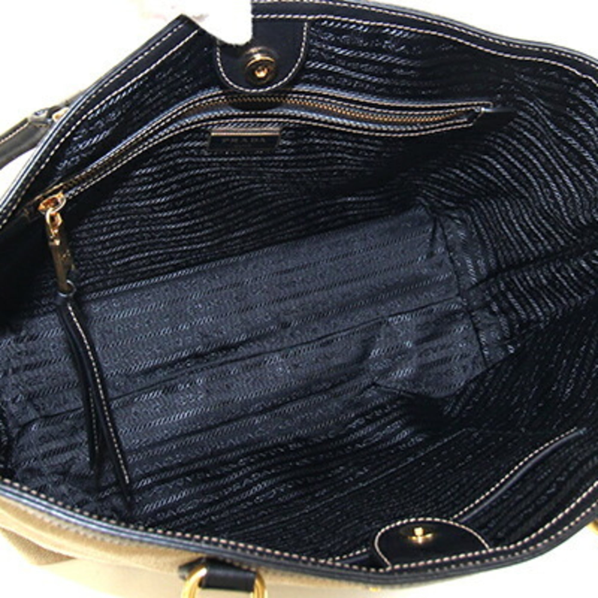 Prada Tote Bag 1BG158 Beige Brown Black Canvas Leather Shoulder Women's PRADA