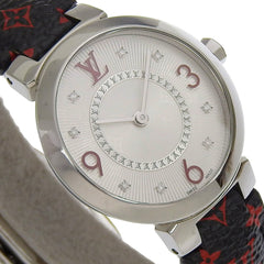 Louis Vuitton Tambour Slim Watch, 8 Diamonds, Q12MGA, Stainless Steel and Leather, Quartz Movement, Analog Display, Silver Dial, Women's — Very Good