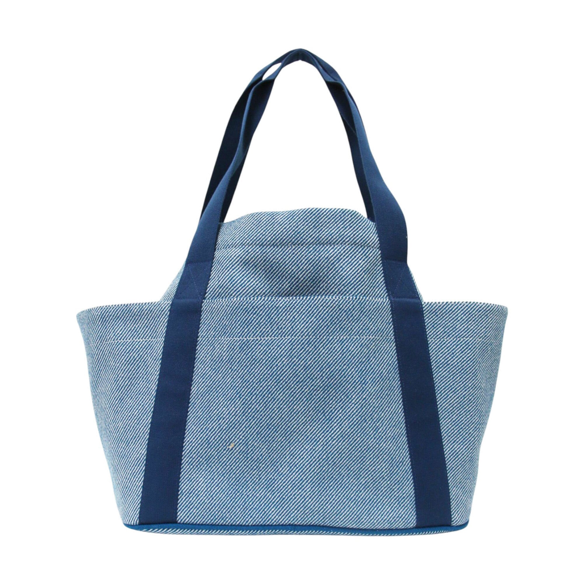HERMES Animaux Natte Tote Bag, Embroidered Animal Motif, Snap Button Closure, Drawstring, Wool Cotton, Blue Pants, Women's — Like New