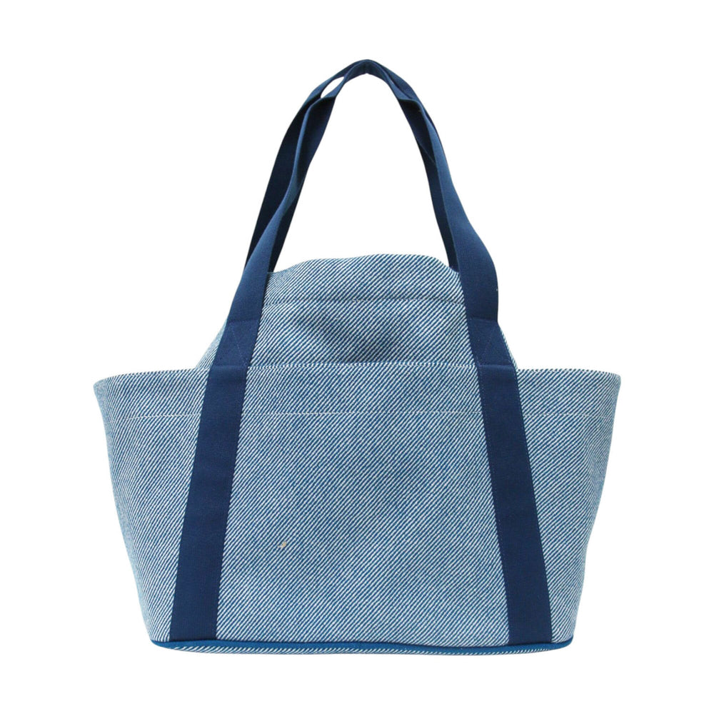 HERMES Animaux Natte Tote Bag, Embroidered Animal Motif, Snap Button Closure, Drawstring, Wool Cotton, Blue Pants, Women's — Like New