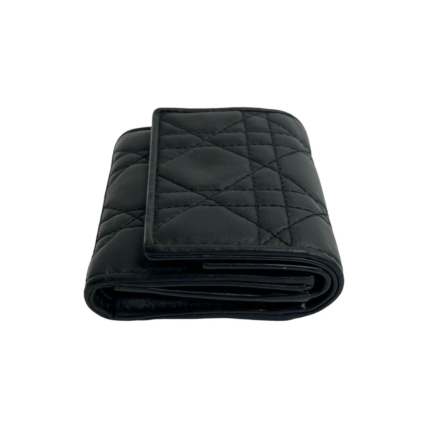 Christian Dior Cannage Stitch Logo Leather Tri-fold Wallet, Mini, Black, 13140