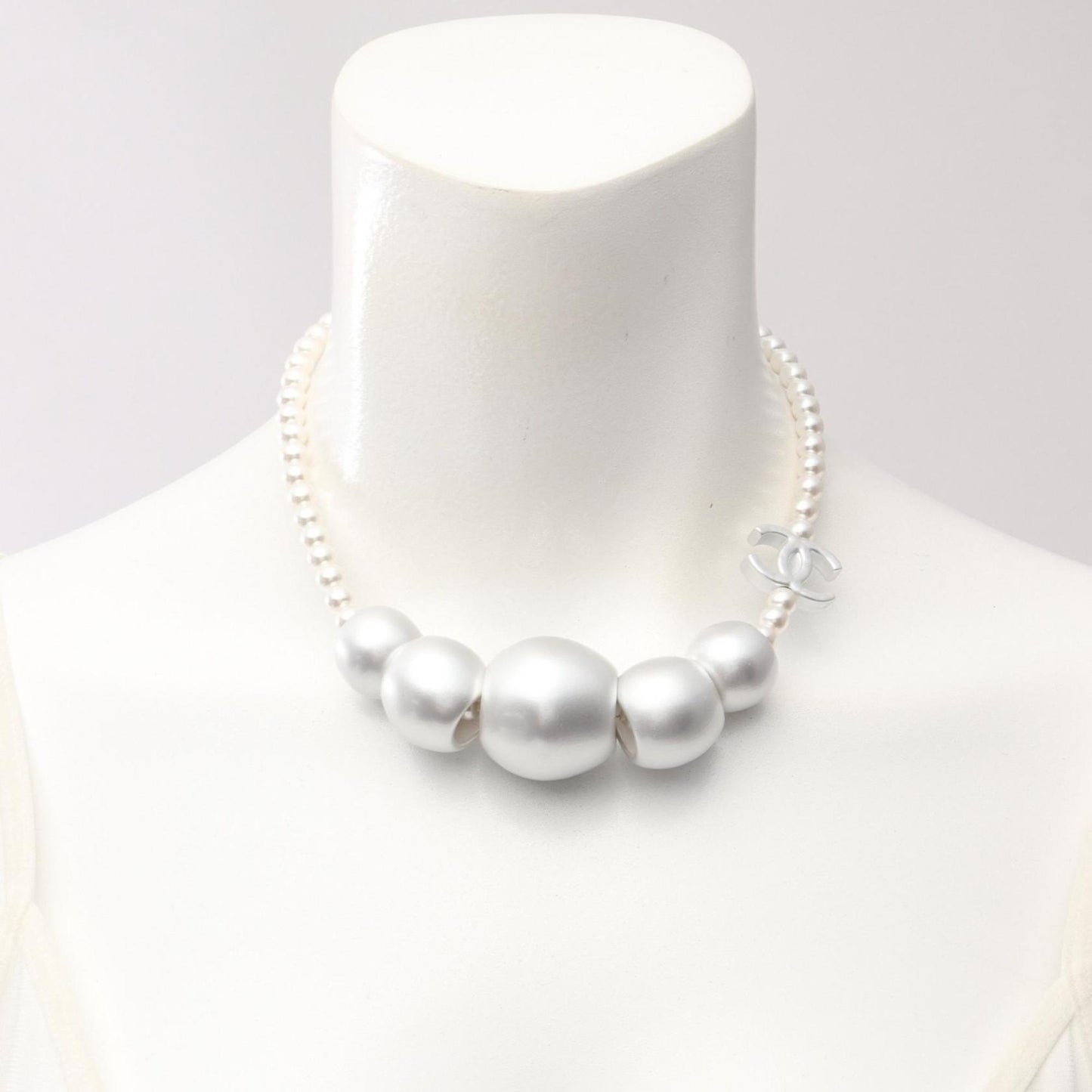 Chanel Coco Mark Necklace in Stainless Steel with Faux Pearls, Silver and White, ABE925B19296