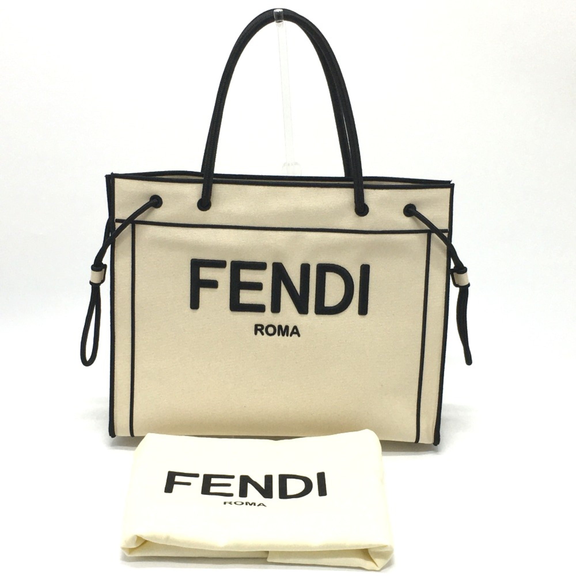 Fendi 8BH379 bag large Tote Bag Gresso Natural Beige & Black Beige x Black — Like New