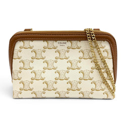 CELINE Triomphe Canvas Logo Chain Clutch Bag Shoulder Off-White Brown Made in Italy Women's Comes with Dust — Like New
