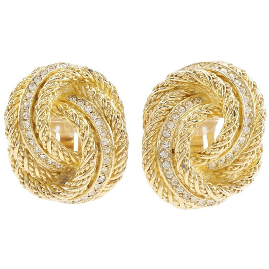 Christian Dior Earrings, Gold Plated with Rhinestones, Approx. 28.4g, Women's