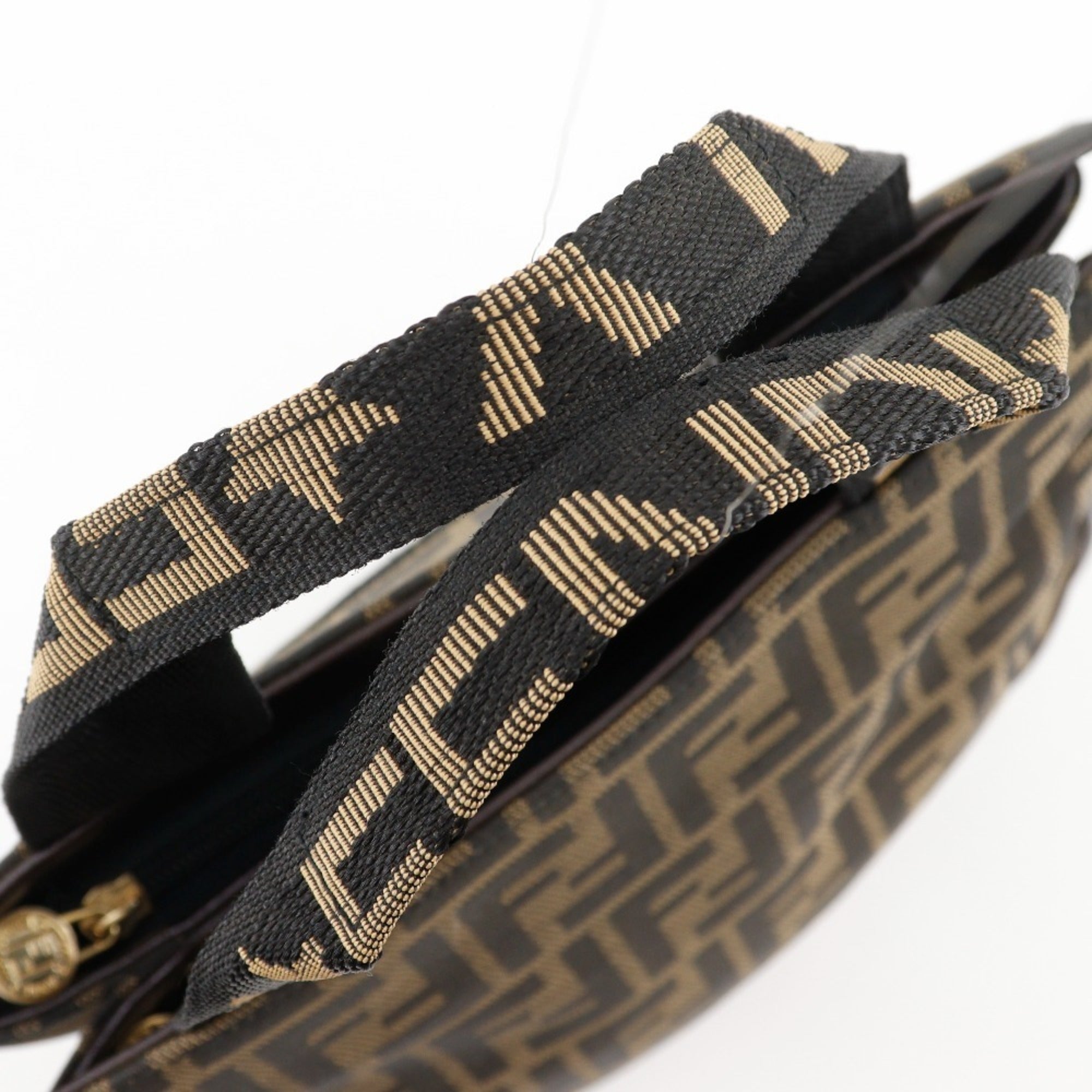 FENDI Mini Tote Handbag, Zucca Pattern, Nylon Canvas, Brown, A5 Size, Women's