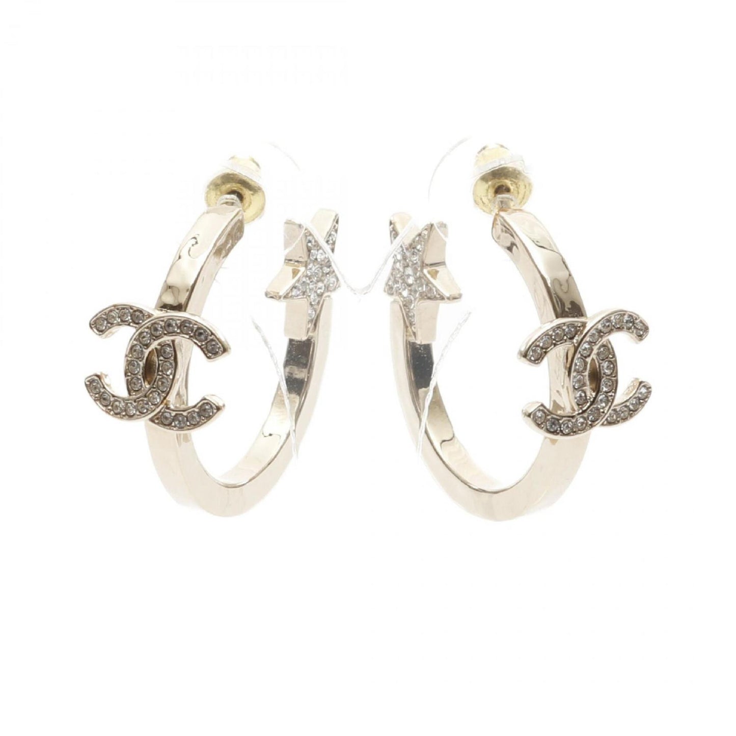 CHANEL Coco Mark Star Hoop Earrings with Gold-Plated Rhinestones for Women, Available in Gold and Clear