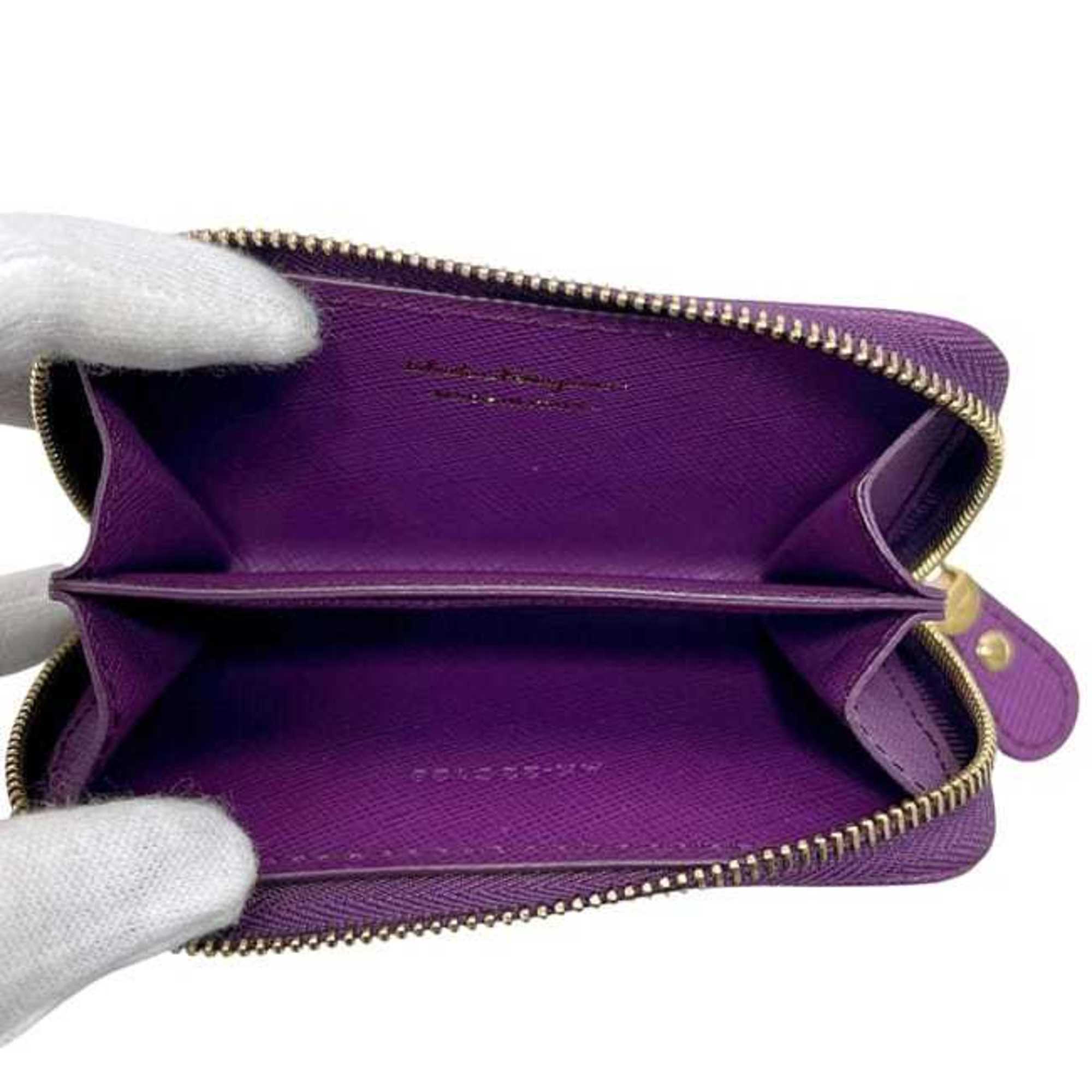 Salvatore Ferragamo coin case ec-24697 purple Vara leather purse AK-22 C128 wallet ribbon mini compact round men's women's
