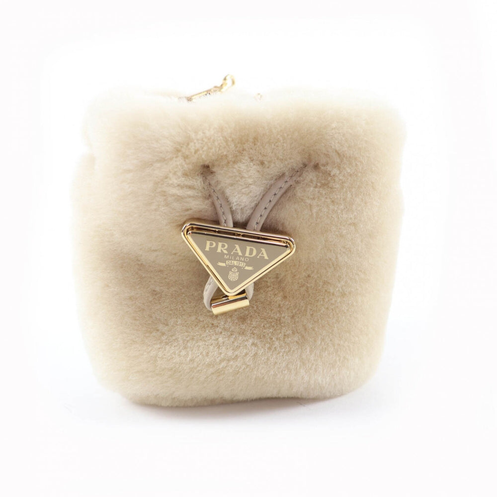 PRADA 1NR16P Sheepskin Mini Pouch, Ecru Beige, Triangle Logo, Chain Shoulder Bag, Made in Italy, Women's — Like New