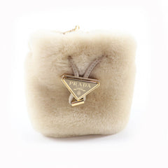 PRADA 1NR16P Sheepskin Mini Pouch, Ecru Beige, Triangle Logo, Chain Shoulder Bag, Made in Italy, Women's — Like New