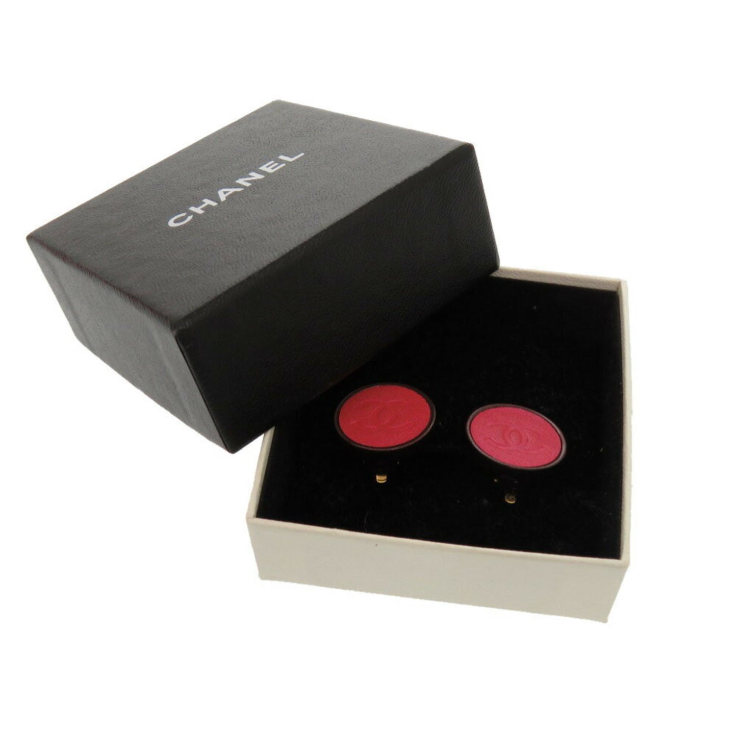 Chanel Coco Mark Button 00A Leather Metal Pink Earrings 1638 CHANEL