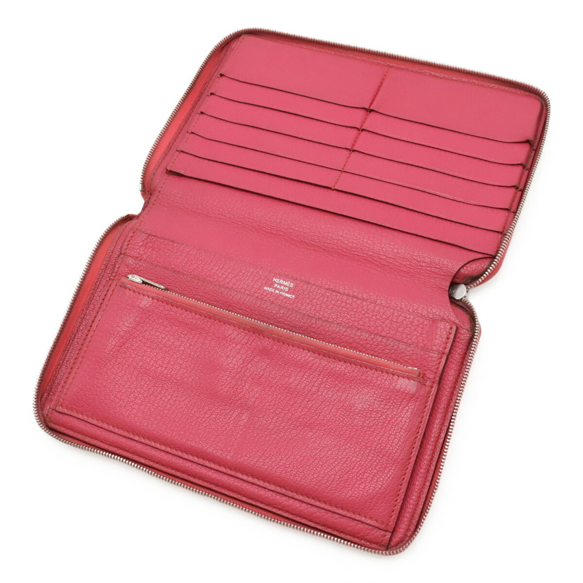 HERMES Azap Combine Round Long Wallet in Chevre Leather, Fuchsia Pink, Stamped with "M"