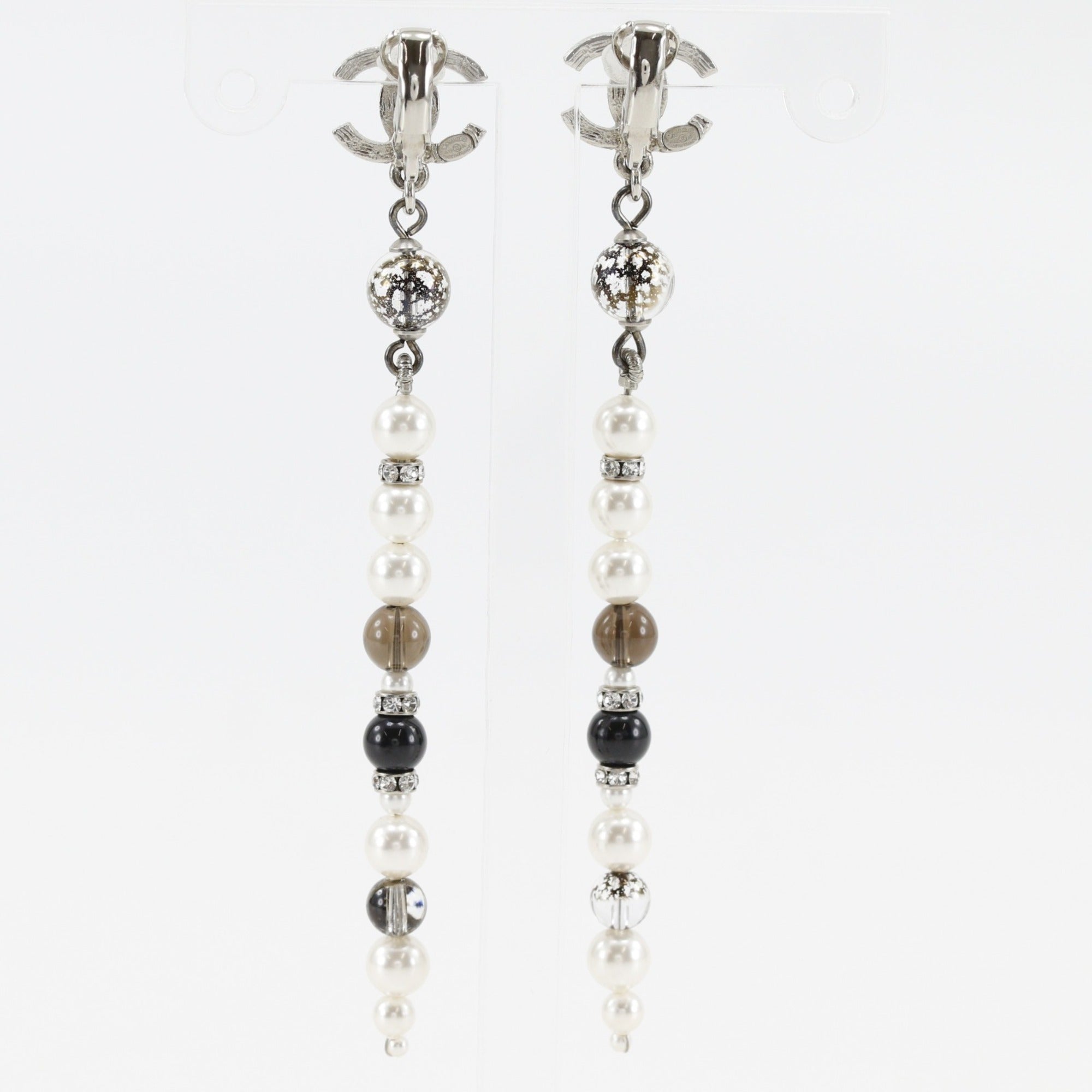 Chanel Coco Mark Earrings, Long, Metal x Faux Pearl Rhinestone, 2019 Model, Silver, A19K Gold, Approx. 11.0g, Women's — Like New