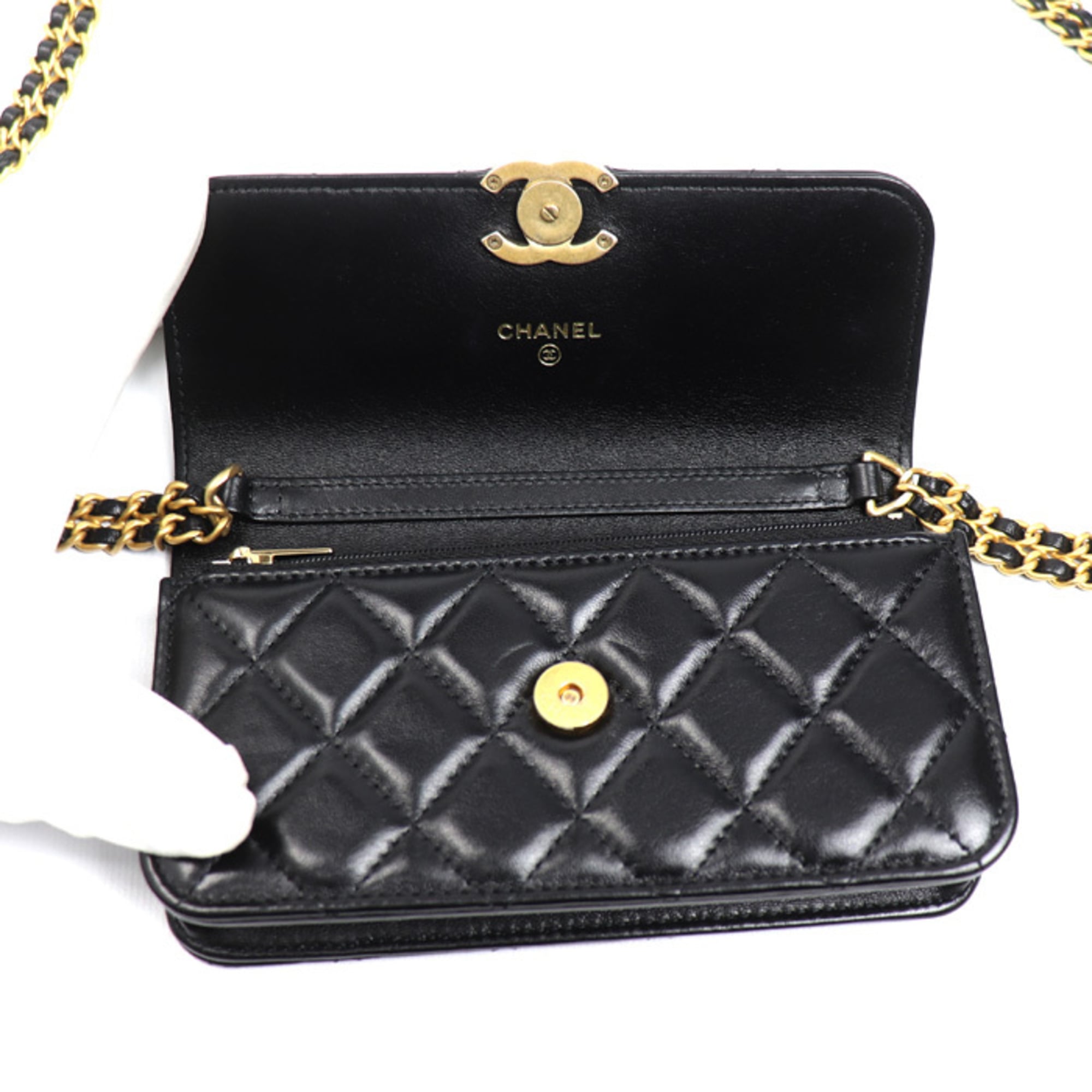 CHANEL Matelasse Flap Phone Holder Shoulder Bag, Black, AP3106, Women's — Like New