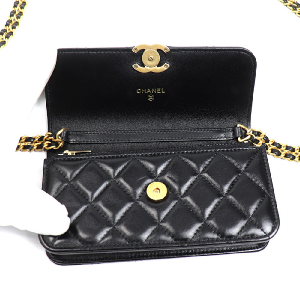 CHANEL Matelasse Flap Phone Holder Shoulder Bag, Black, AP3106, Women's — Like New