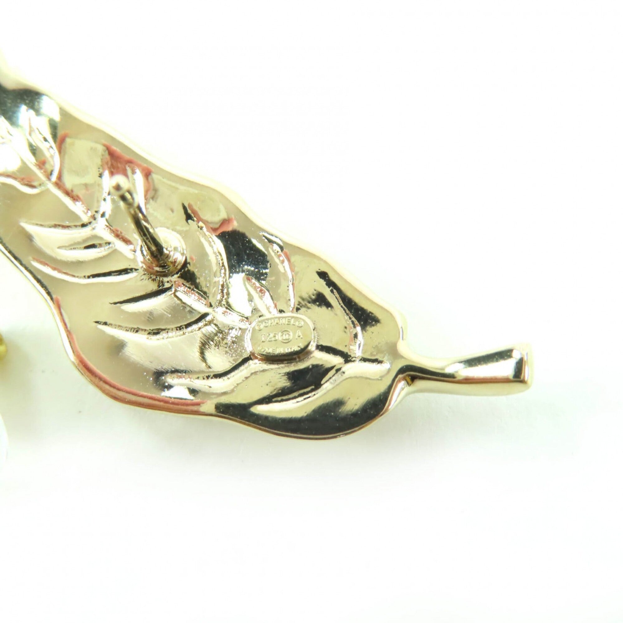 CHANEL I25A Coco Mark Leaf Design Rhinestone Earrings, Gold, Made in Italy, Women's — Like New
