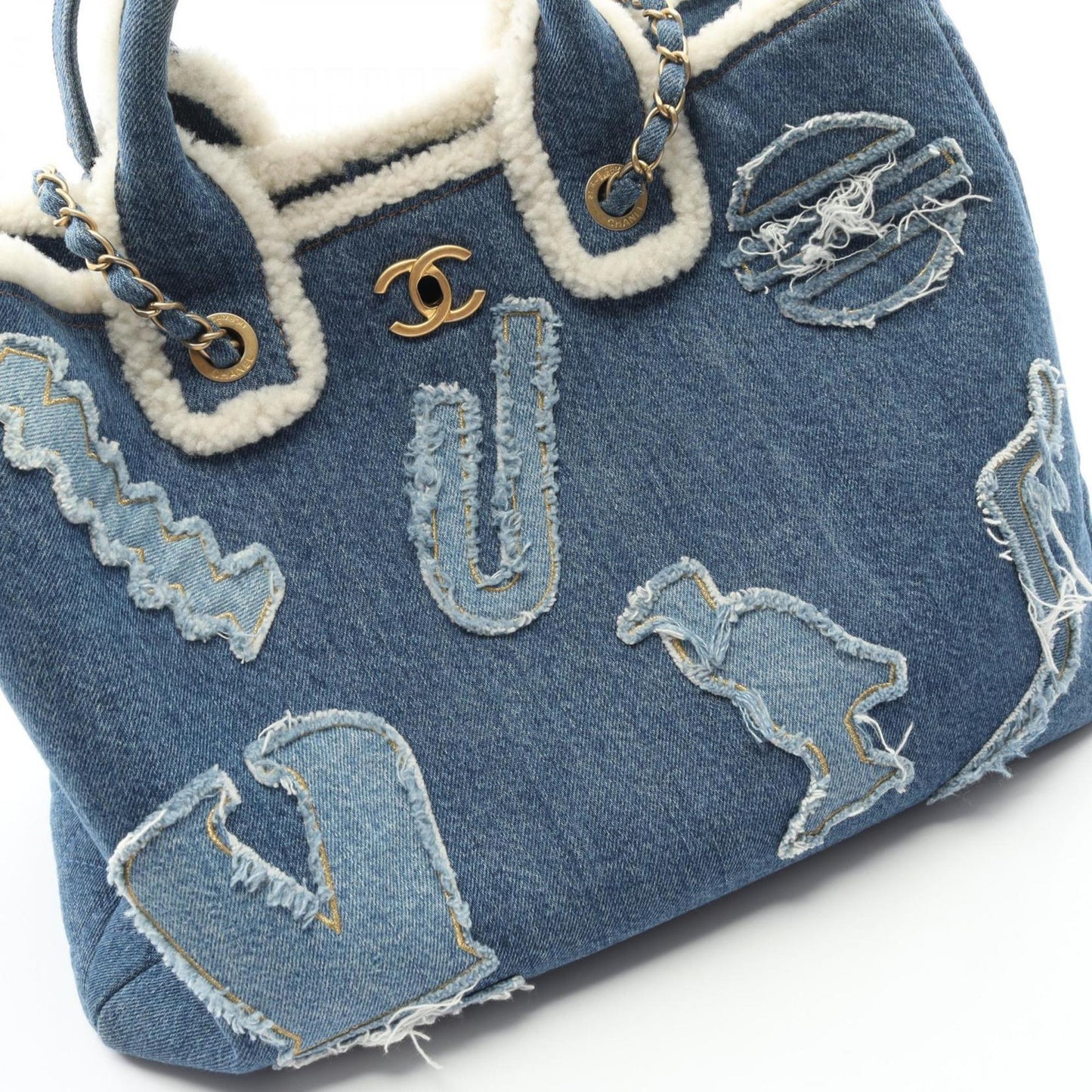 CHANEL Large Shopping Bag, Tote Denim and Mouton, Women's, Blue White, AS0759