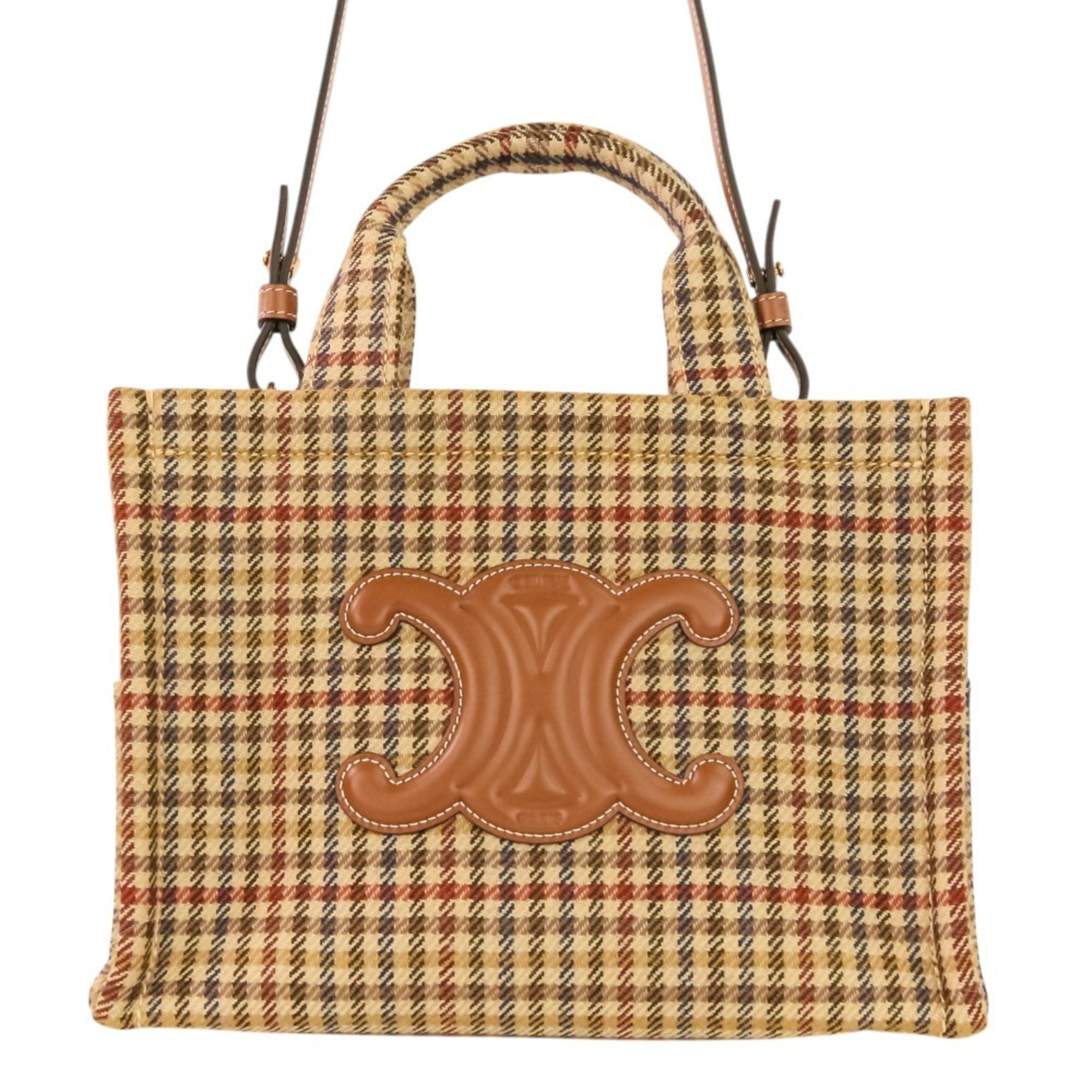 CELINE Triomphe Logo Small Cabas Thais Tweed 2-Way Shoulder Bag 199162EP8.14ML Brown Beige Women's — Like New