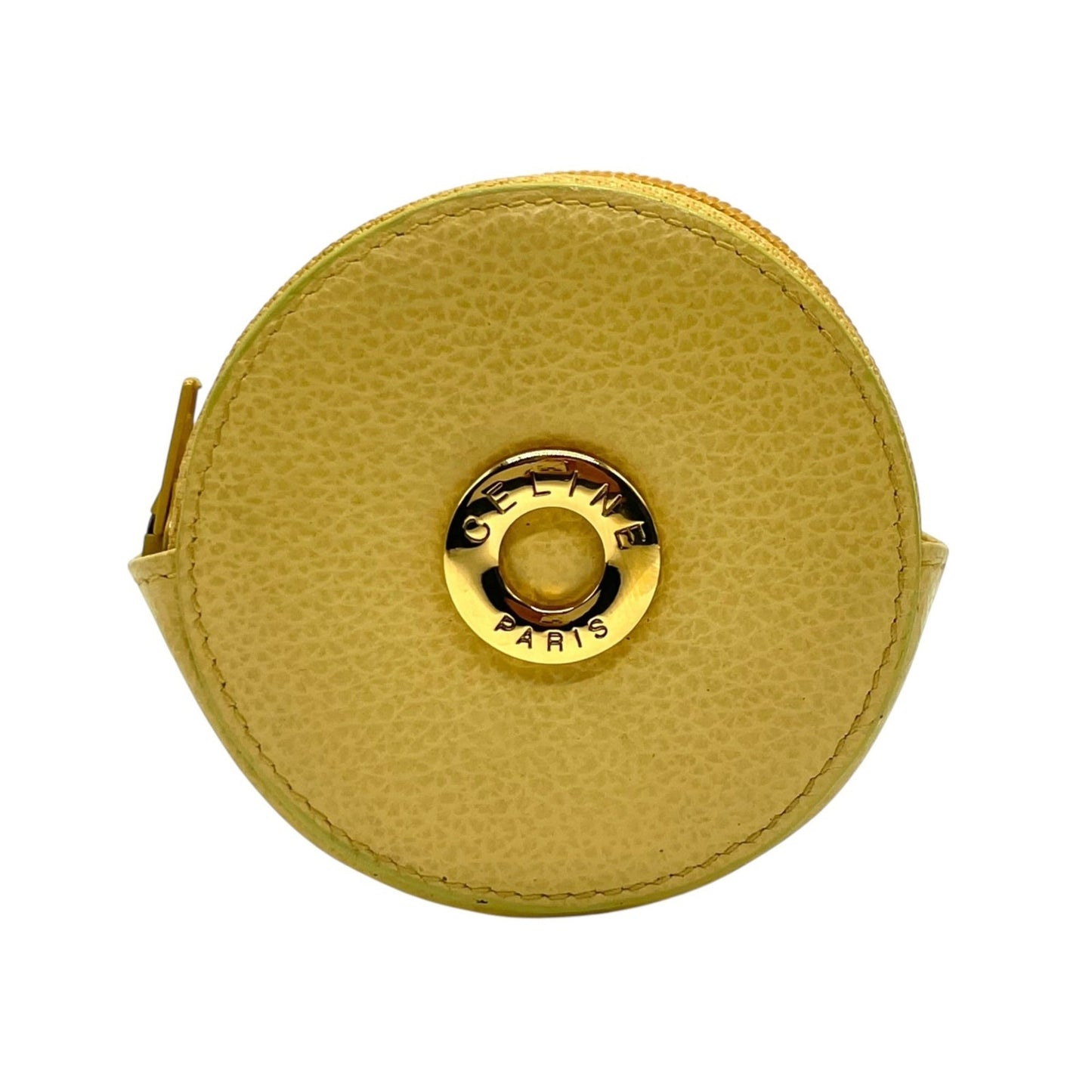Celine Round Circle Logo Wallet/Coin Case, Beige, Gold Hardware, Yellow Leather, M3