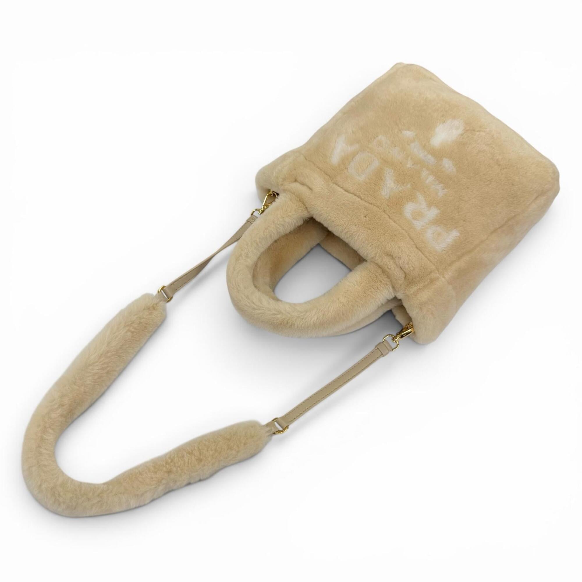 PRADA 1BG447 Terry Shearling Tote Sheepskin Triangle Logo Pouch Included 2-Way Shoulder Bag Beige Made in Italy Women's — Like New