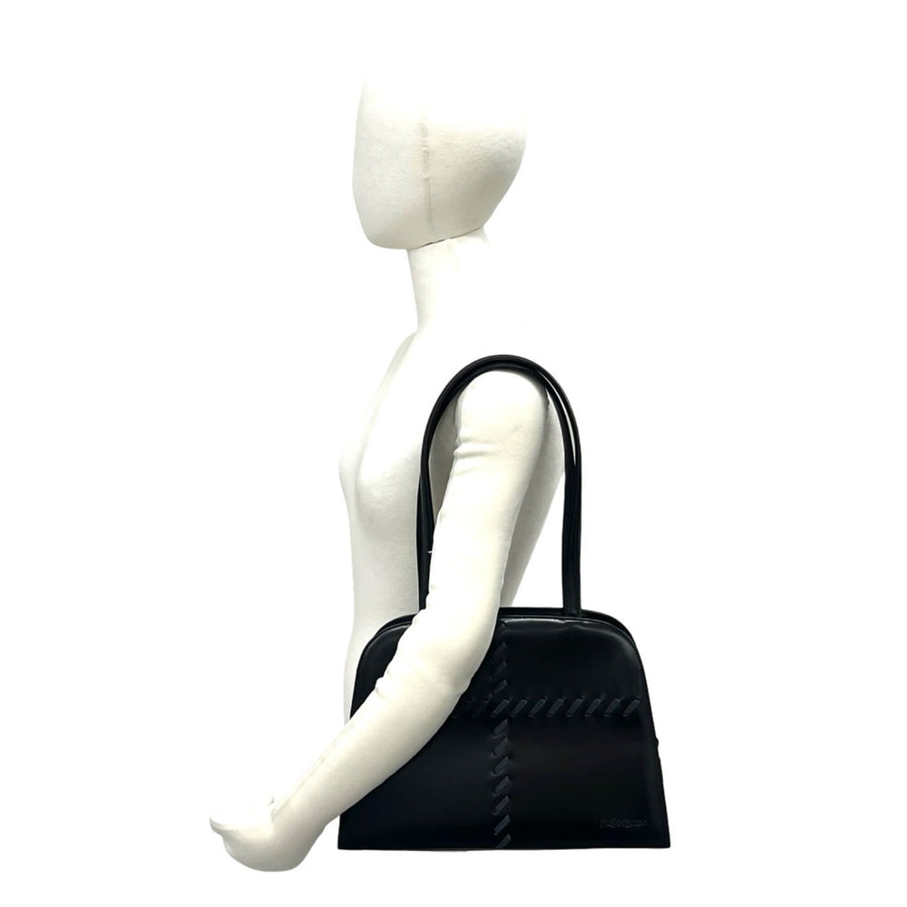 YVES SAINT LAURENT Logo Stitch Leather Handbag Semi-Shoulder Bag Black 17395 — Like New