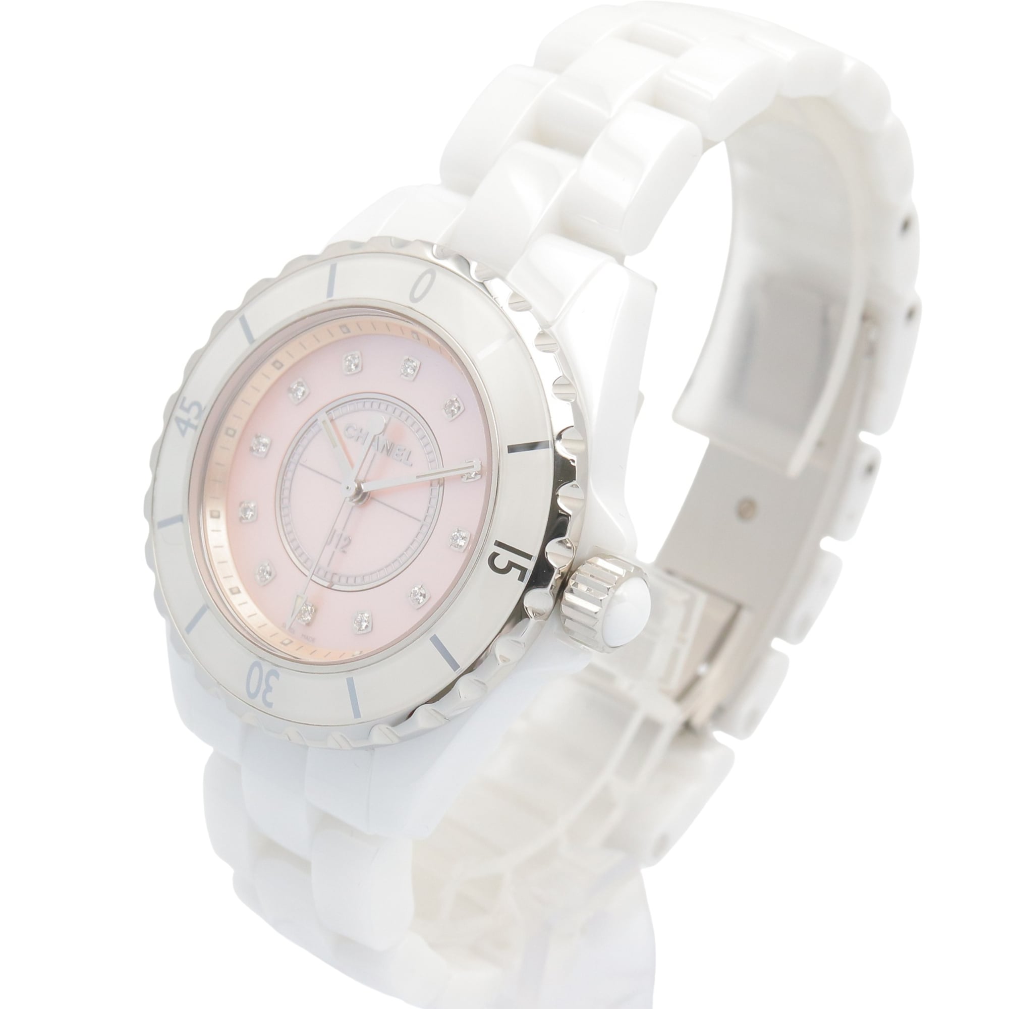 Chanel J12 12-Diamond Watch, Ceramic, Diamond, Ladies, Pink Tone, Shell, H5513 — Very Good
