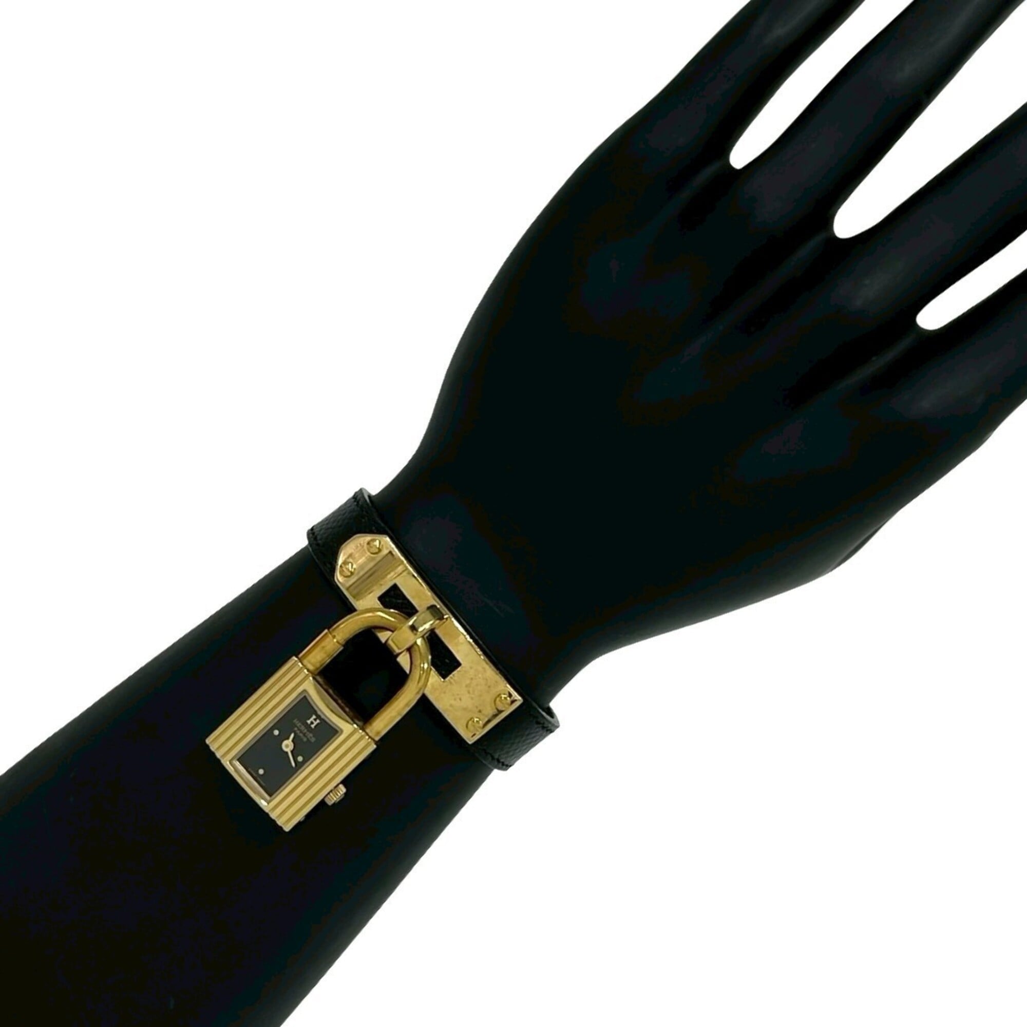 HERMES Vintage Kelly Watch, Leather, Genuine GP Finish, Wristwatch, Black & Gold, 82135 — Good