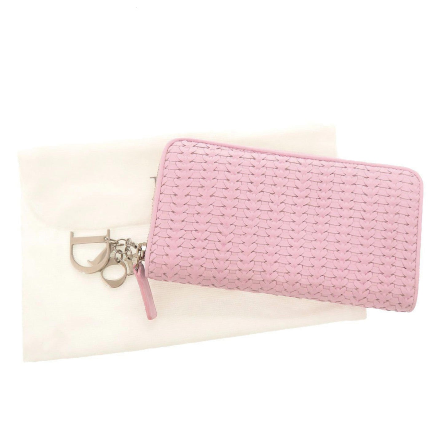 Excellent condition Christian Dior braided leather pink round zipper long wallet 1634