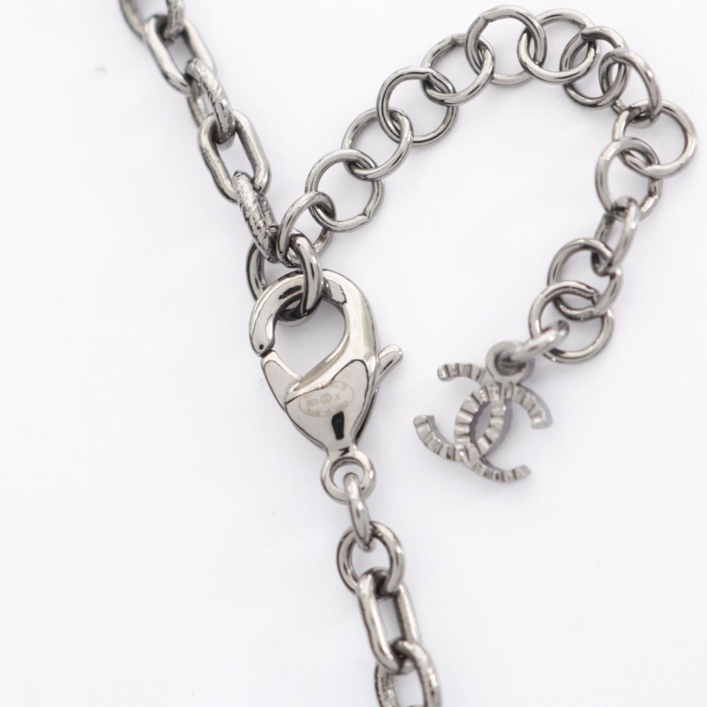 CHANEL Camellia Coco Mark Necklace, Stainless Steel with Faux Pearls and Rhinestones, Silver Clear