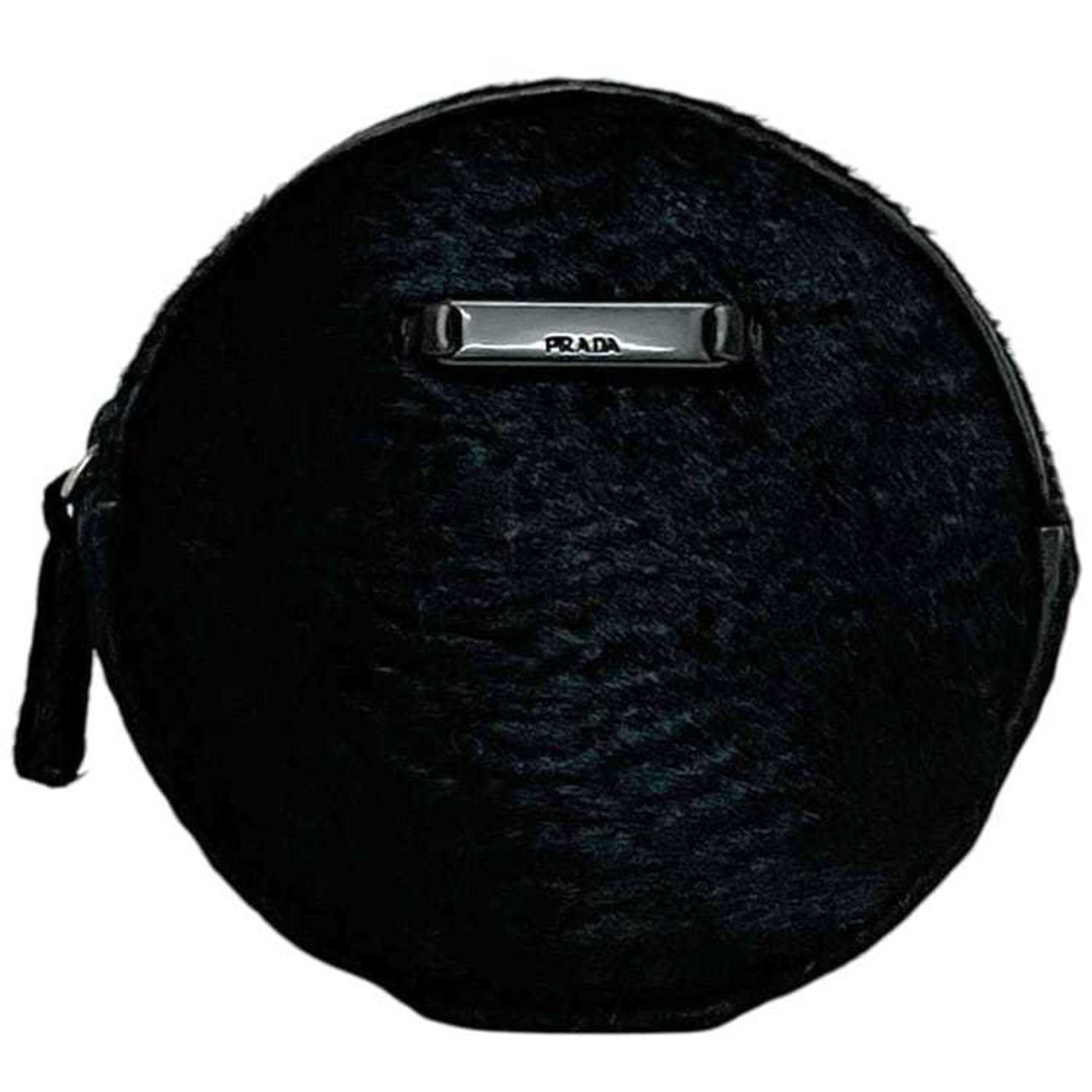 Prada pouch ec-24868 Black NERO Harako leather 78 PRADA round with fur, men's and women's plate fur