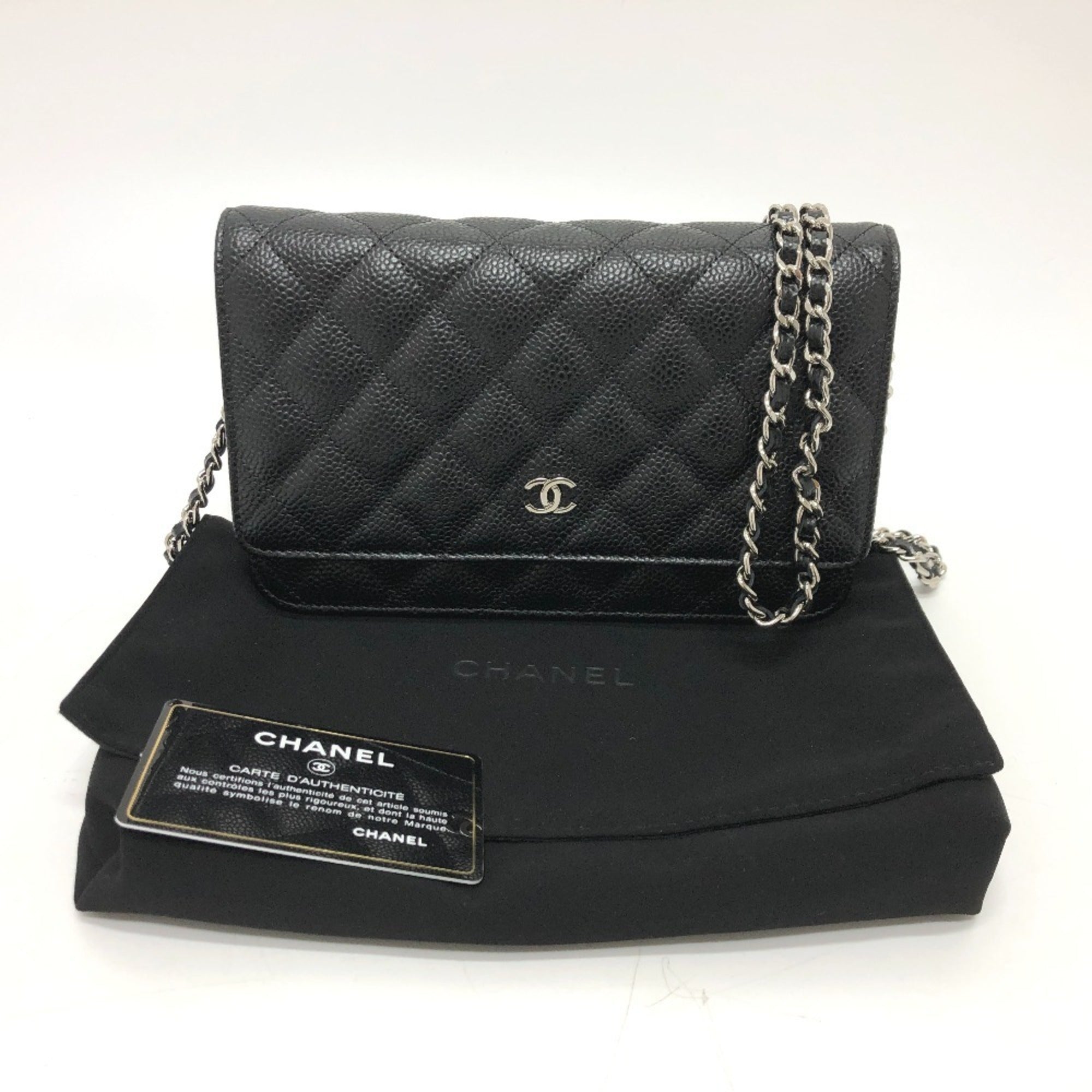 CHANEL AP0250 Matelasse Coco Mark Classic Chain Wallet Shoulder Bag Caviar Skin Women's Silver Hardware Black — New - Store Return