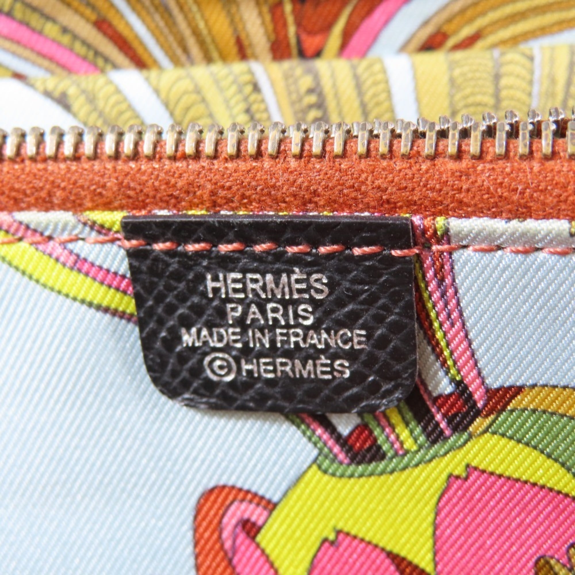 HERMES AZAP Silk-in Long Wallet with Round Zipper, "Fantastic Flora" Scarf Design, Leather, Black, for Men and Women