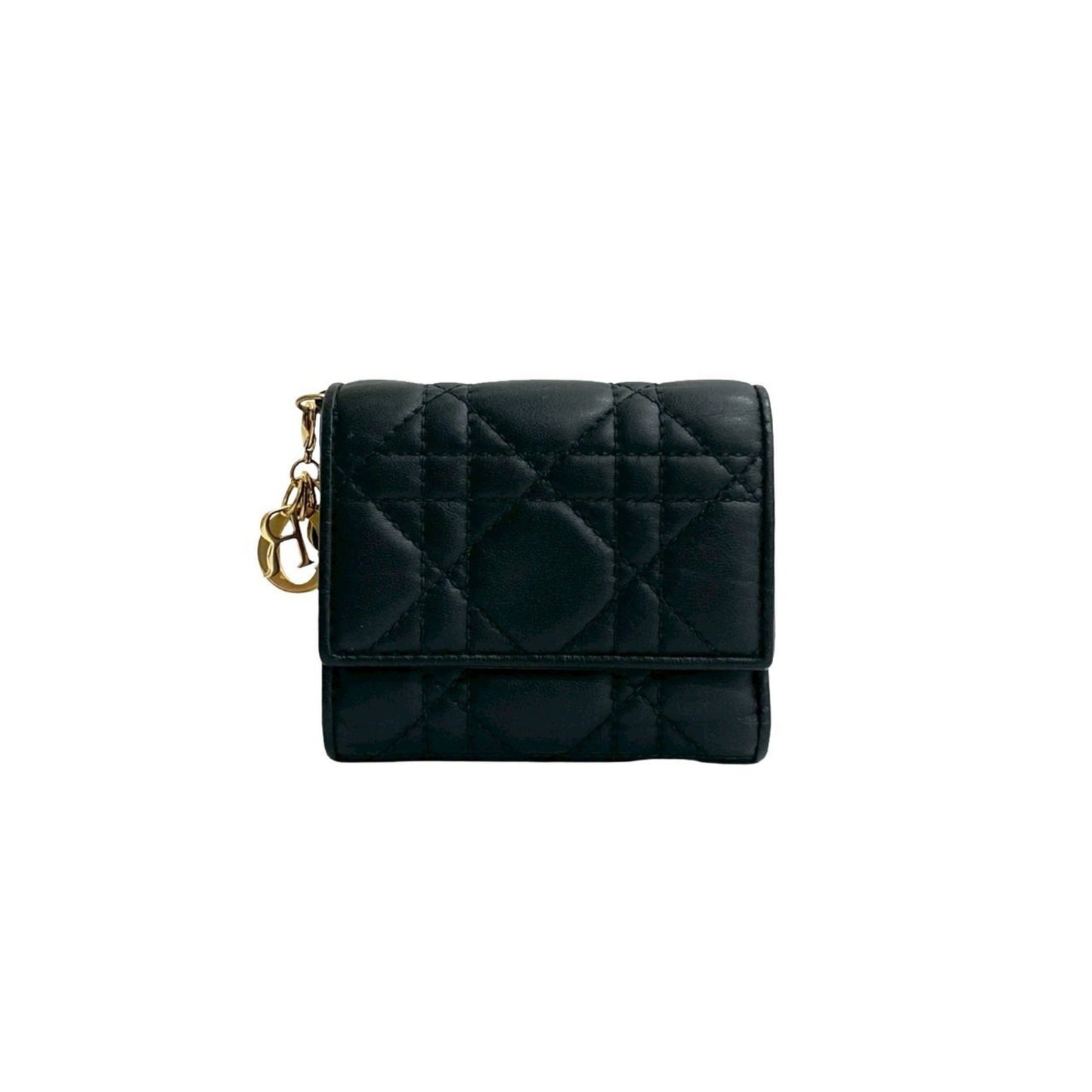 Christian Dior Lady Lotus Cannage Leather Tri-fold Wallet in Black 46865