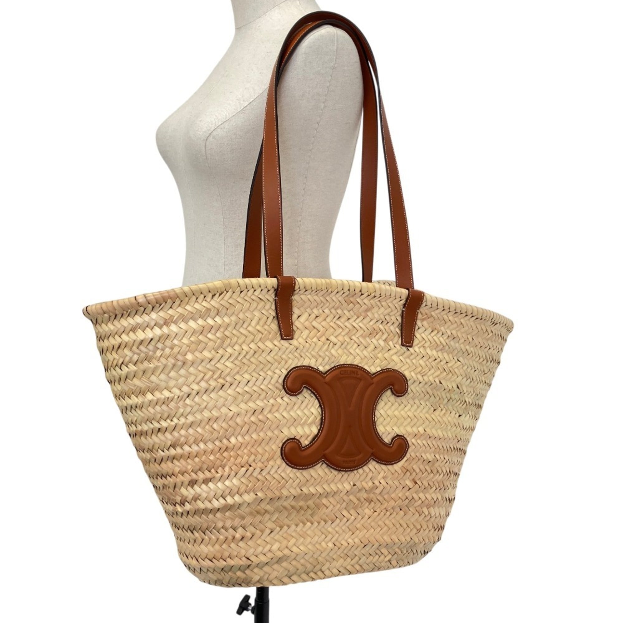 CELINE Large Triomphe Raffia x Leather Basket Bag Classic Panier Natural Tan Women's — Like New