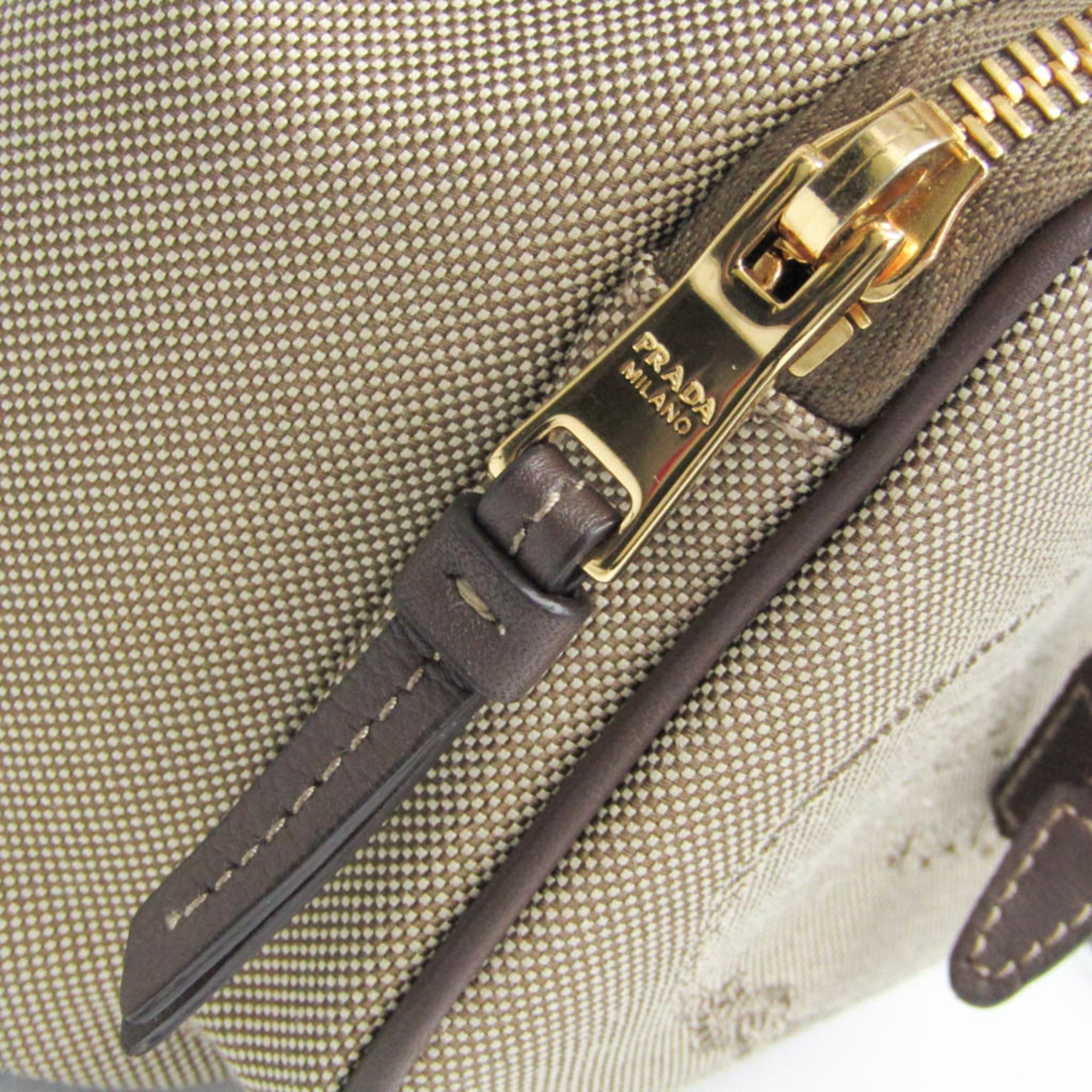 Prada Logo Jacquard Drawstring Bag Women's Leather,Jacquard Handbag,Shoulder Bag Beige Brown,Dark Brown — Like New