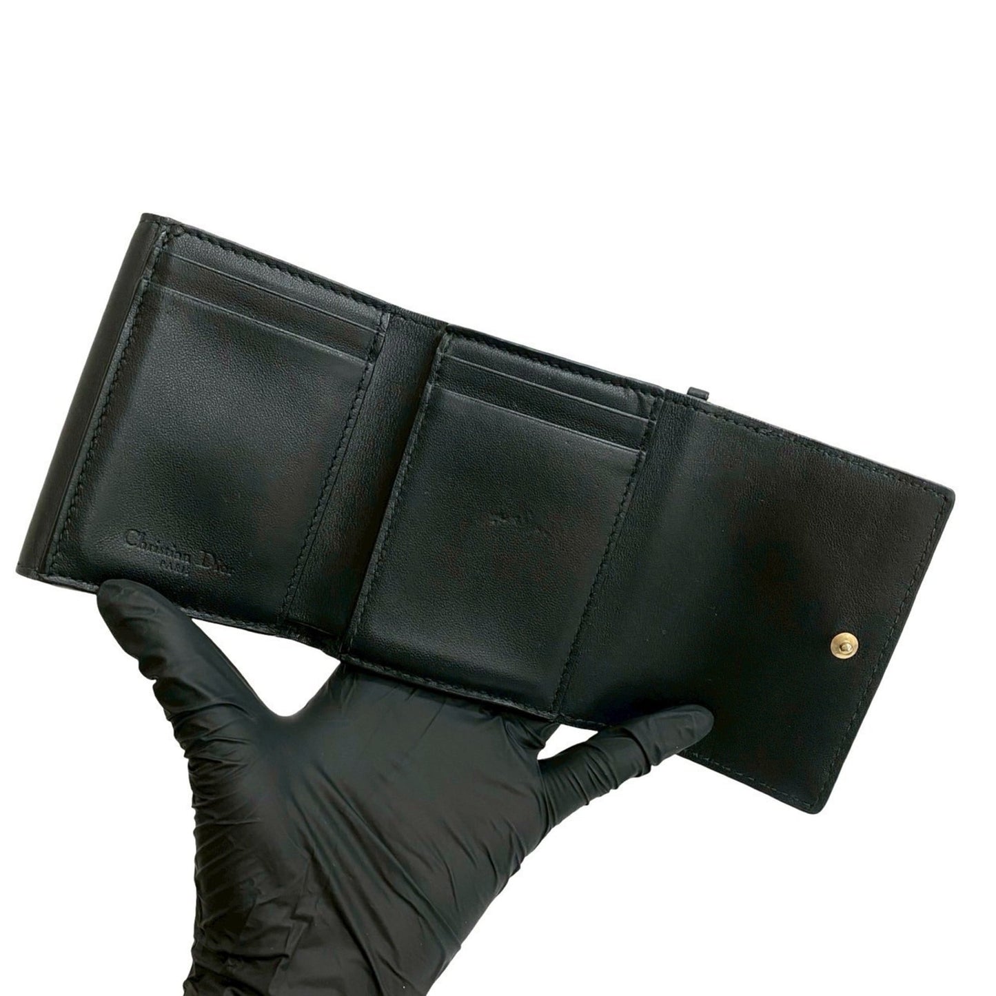 Christian Dior Lady Lotus Cannage Leather Tri-fold Wallet in Black 46865