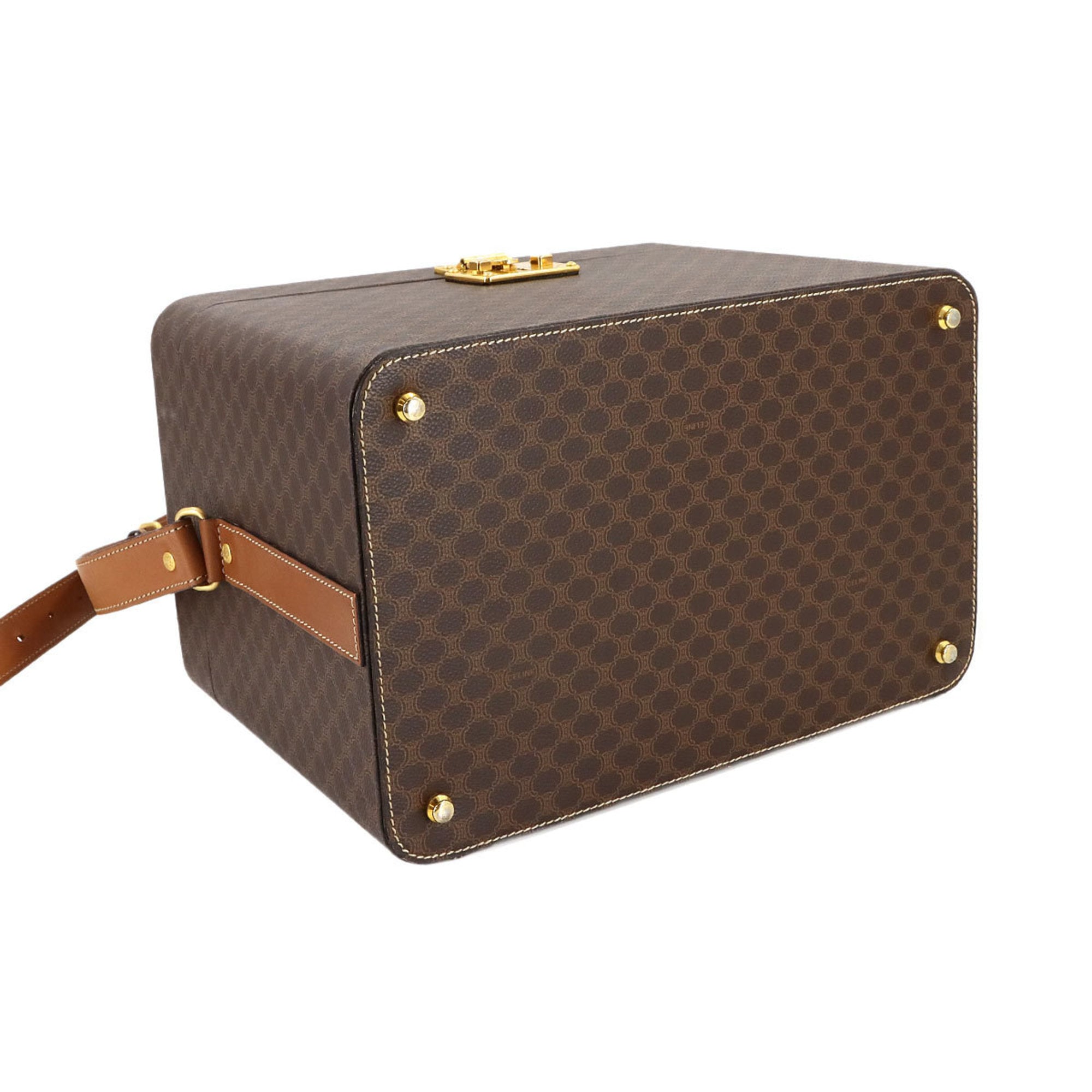 Celine Macadam Vanity 2-way hand/shoulder bag in brown PVC leather with gold hardware.