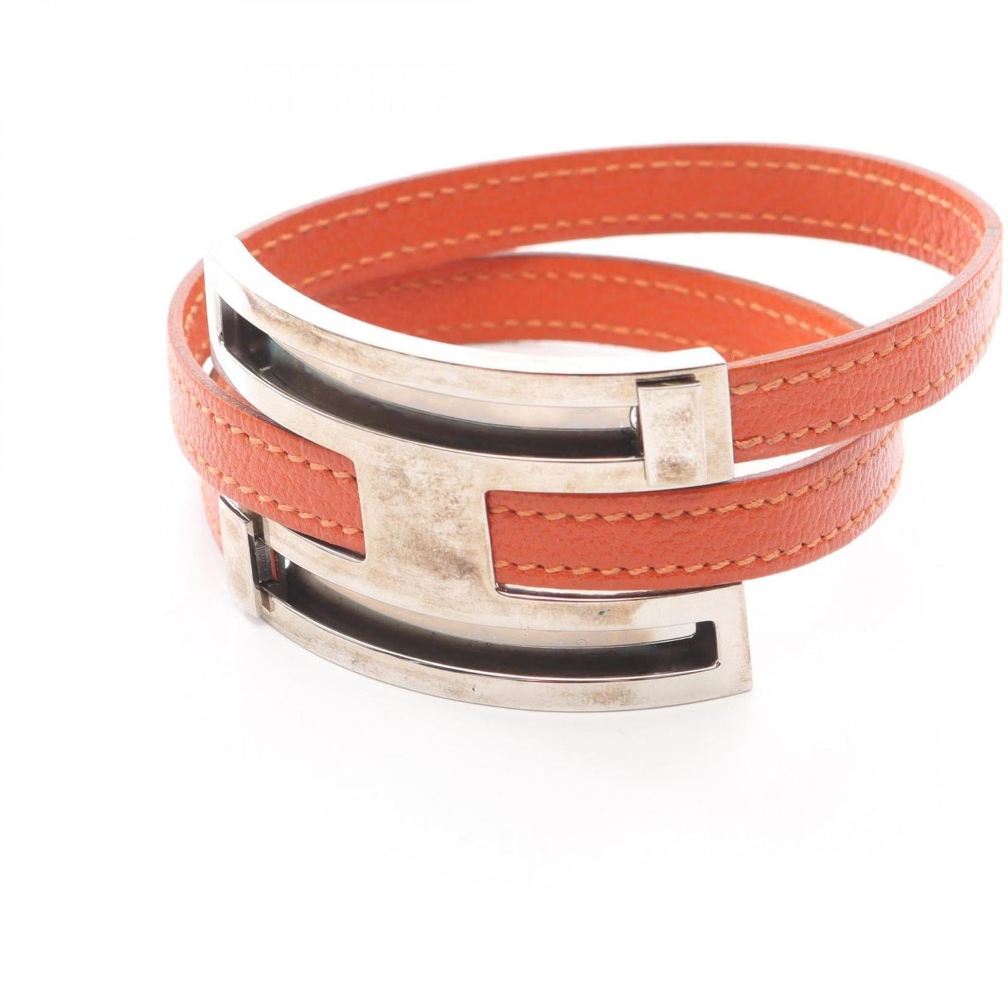 Hermes Hermès Puspus MM Bracelet, Stainless Steel, Chevre, Women's, Orange and Silver