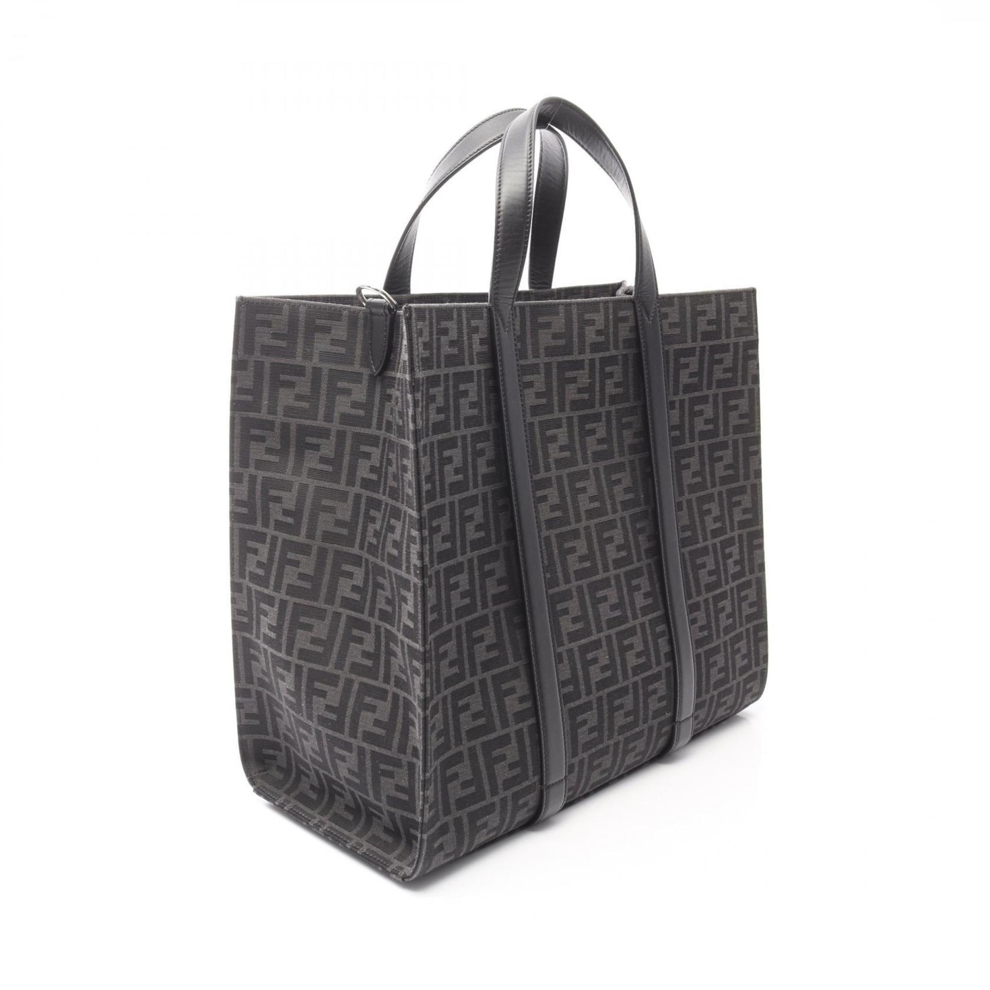 Fendi FF Jacquard Tote Bag, Canvas and Leather, Women's, Black Gray, 7VA390
