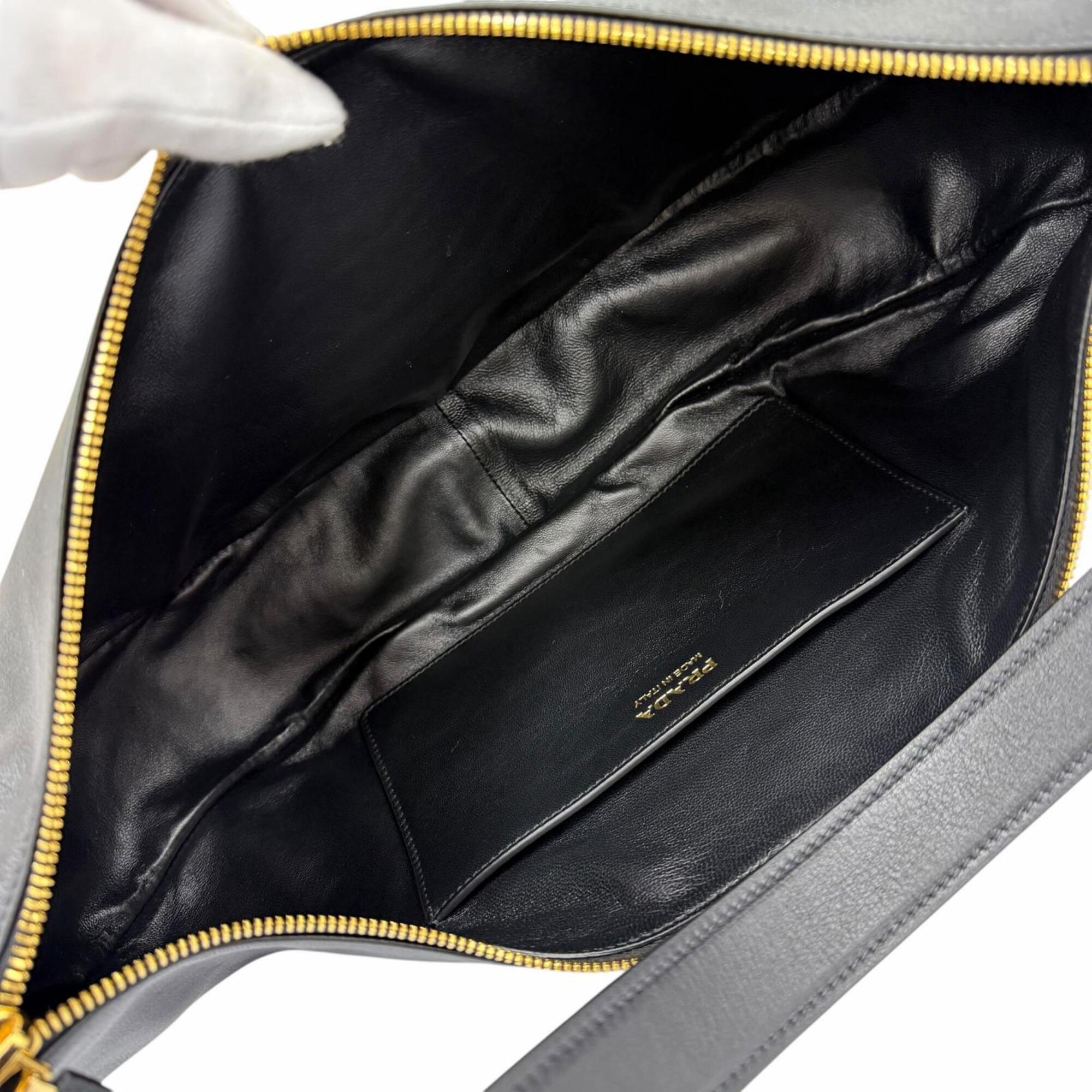 PRADA 1BC255 Demi-Lune Triangle Logo Leather Shoulder Bag, Black, Made in Italy, Women's, with Dust Bag — Like New